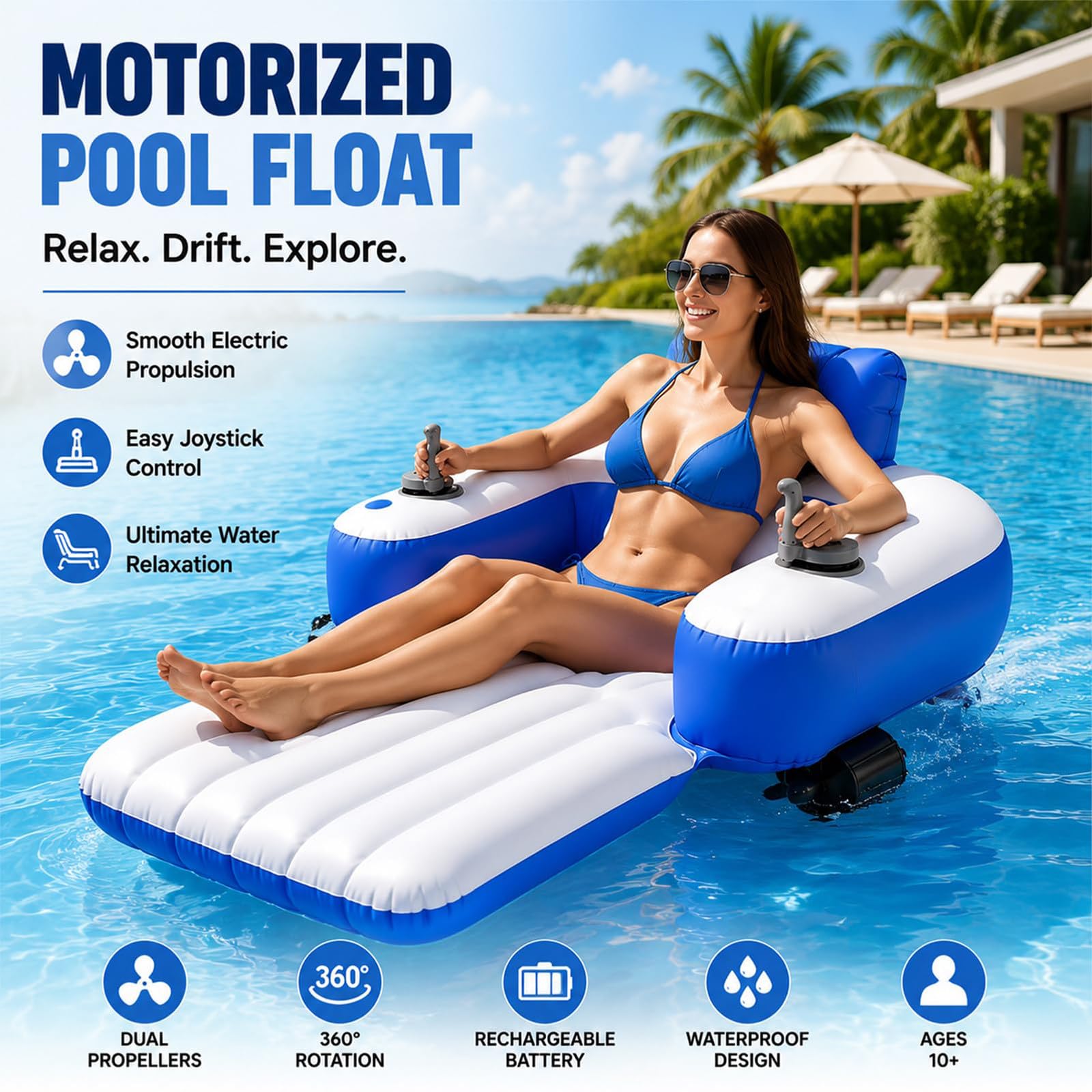 Silla De Playa Hinchable Eléctrica, Tumbona Acuática con Doble Motor, Rotación De 360°, Recargable, Capacidad De Carga De 120 Kg, para Piscinas Y Lagos