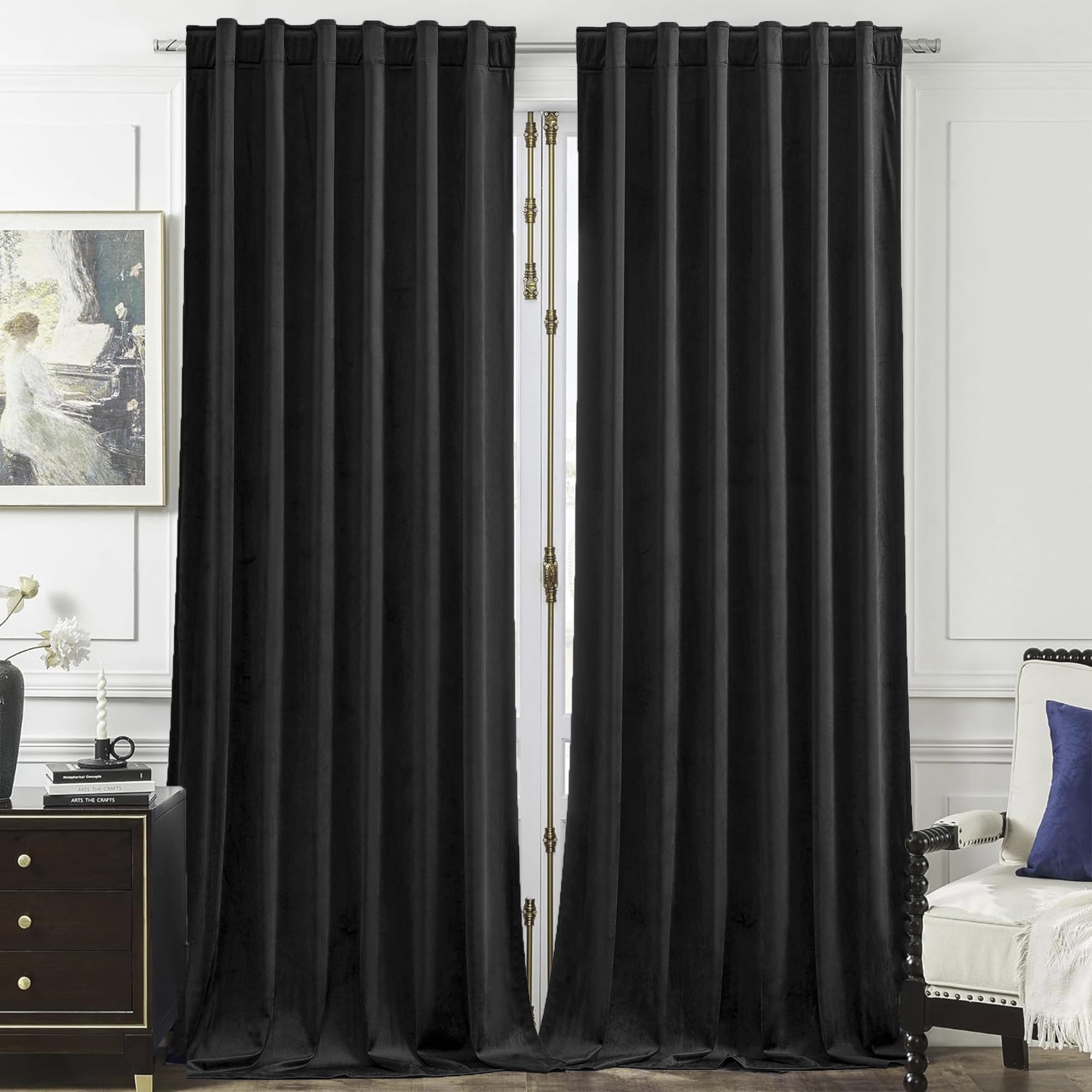 Timeper Black Velvet Curtains 96 inches Long - Blackout Curtains for Room, Rod Pocket Back Tab Design Thermal Insulated Drapery Privacy Protect for Study Room/Loft/Apartment, 52Wx 96L, 2 Panels