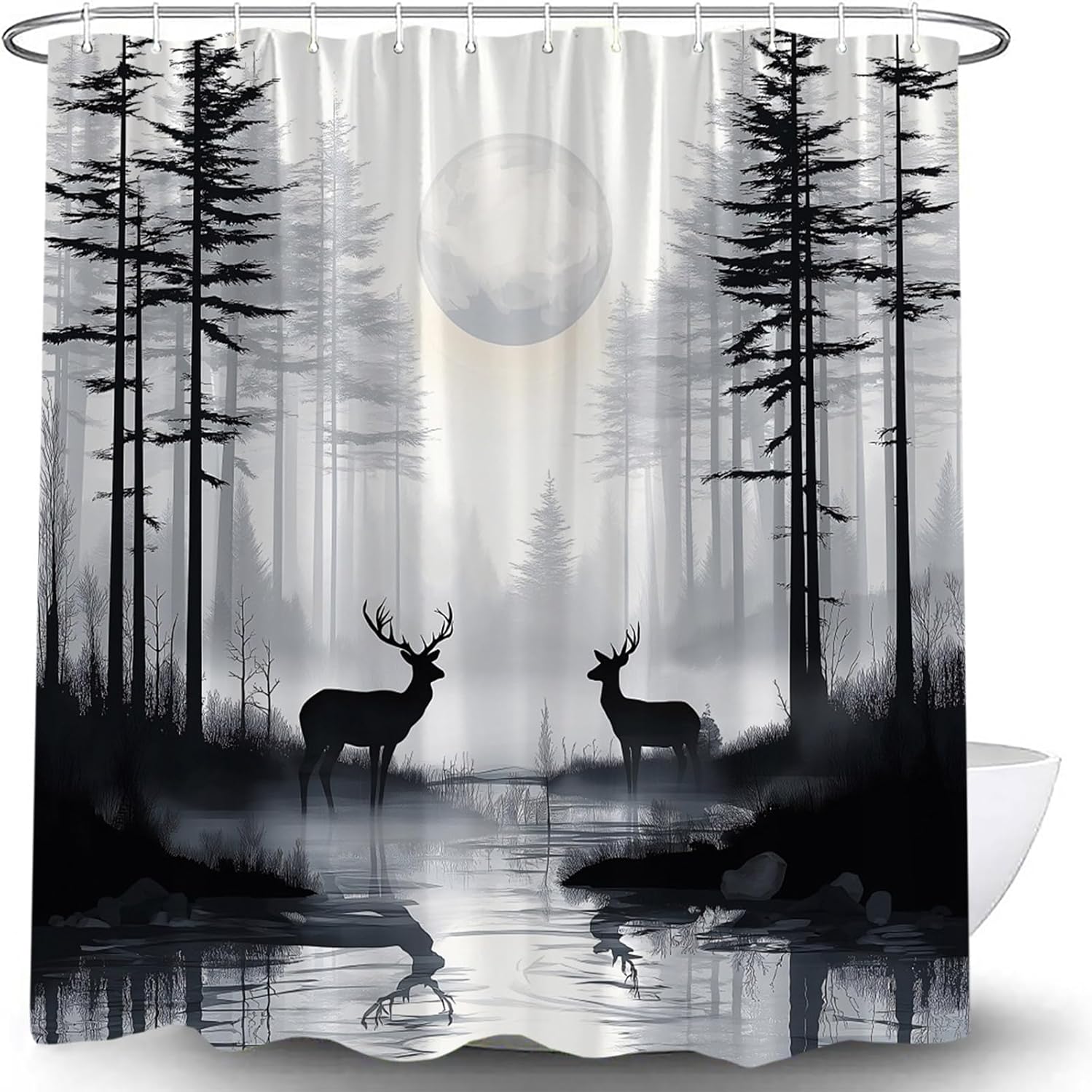 Rustic Deer Forest Shower Curtain Vintage Foggy Forest Wildlife Cabin Hunting Moon Mountain Lodge Country Farmhouse Pine Tree Outdoor Gray Elk Moose Fabric Bathroom Curtain Set with Hook