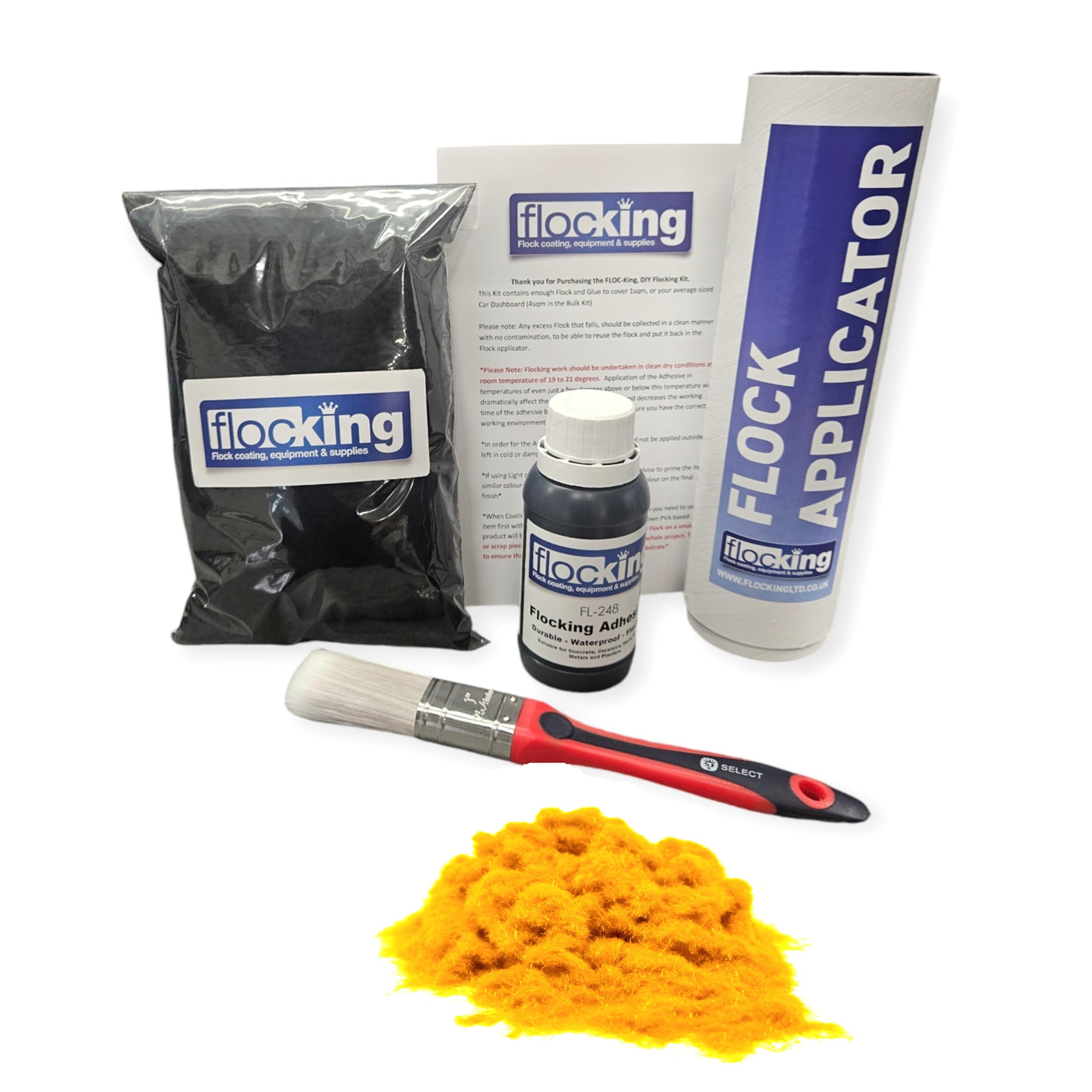 FLOC-KING Professional Flocking Kit (Deep Yellow) - 1mm Nylon Flock for Automotive Dashboards, Interior Restoration, Woodwork & Crafts - DIY Set with Specialised Adhesive & Applicator