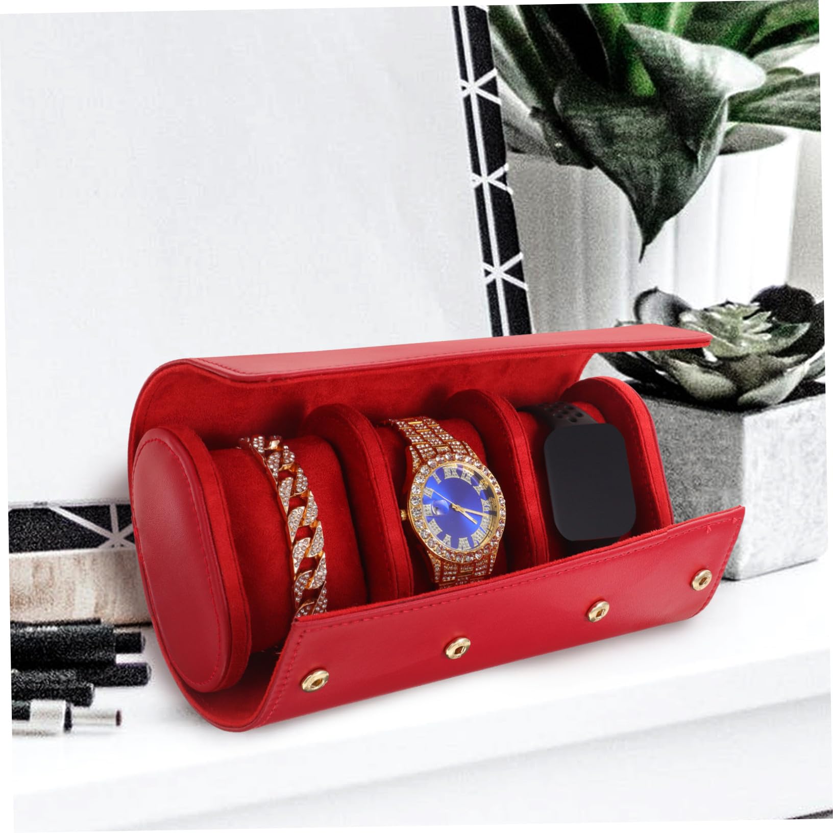 COLLBATH Estuche de Cuero Rojo Elegante y Fácil de Transportar para Reloj 3 Compartimentos Adecuado para Viajeros y Entusiastas de Relojes