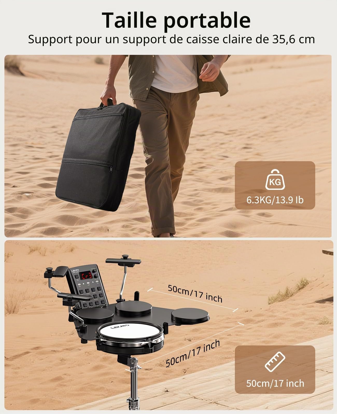 LEKATO Batterie électronique avec coussinets en maille silencieux, kit de batterie électrique portable CPD-1000, plus de 20 sons, MIDI USB, 2 pédales améliorées, bâtons, sac de voyage