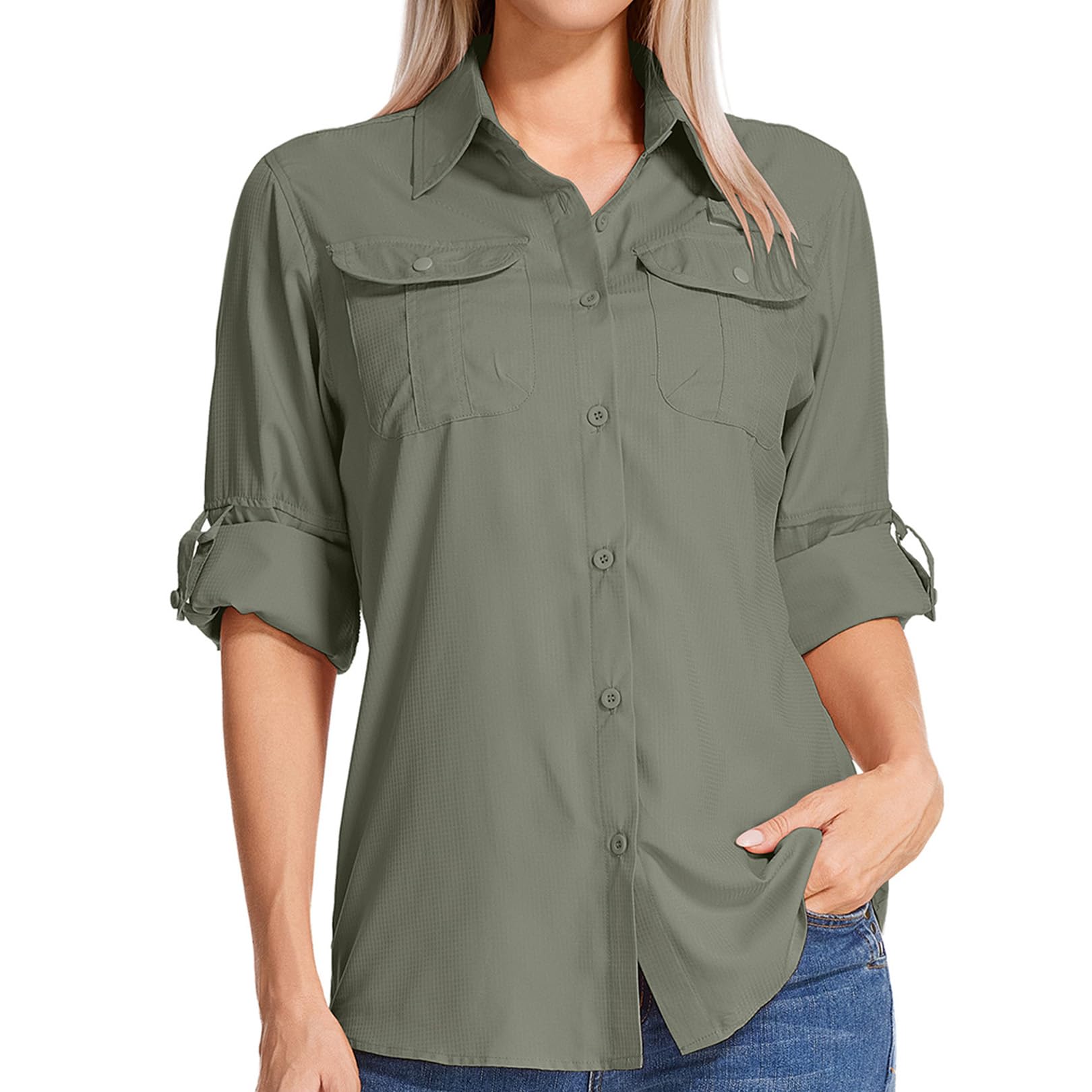 Camicia da Safari a Maniche Lunghe da Donna - Tessuto Traspirante ad Asciugatura Rapida - Protezione Solare UPF - Ideale per Pesca, Escursionismo, Trekking, Campeggio e Viaggi