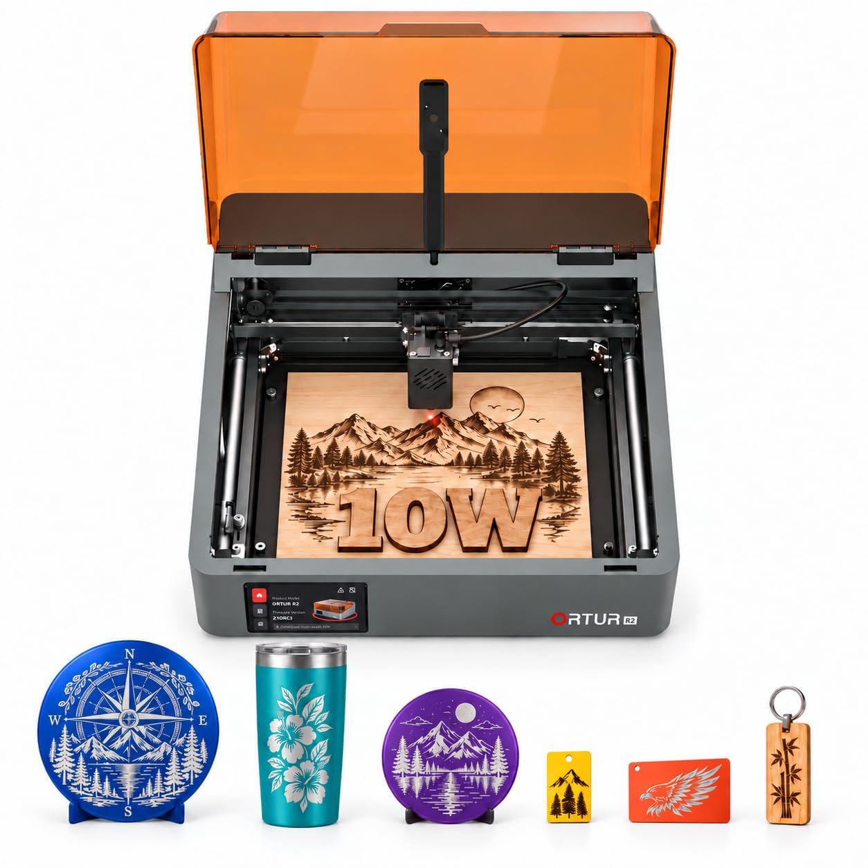 ORTUR R2 - Grabador láser de 10 W, máquina de grabado y corte láser cerrada, cámara inteligente, pantalla táctil, grabado fuera de línea a través de la aplicación, para madera, metal, acrílico, cuero