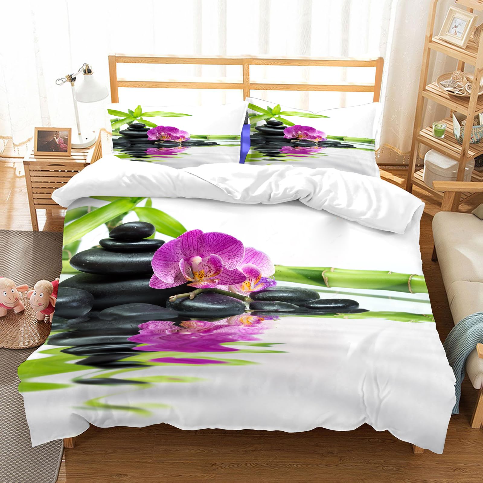 Linge de lit 100% Microfibres de haute qualité motif orchidees violettes et galets zen 200x228