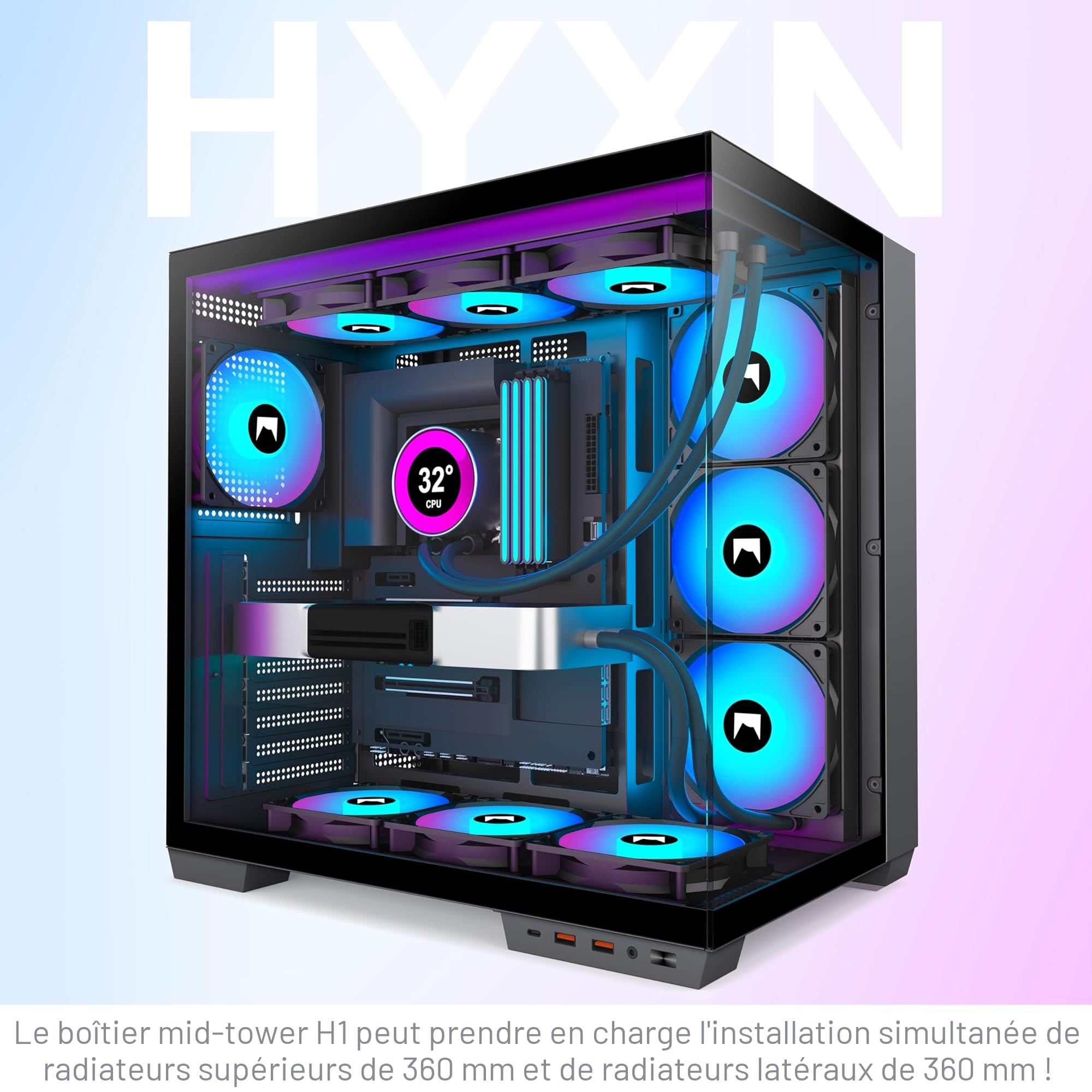 H1 ATX Boitier PC – 7 Ventilateurs PWM ARGB préinstallés, boîtier de PC de Jeu à Double Chambre, avec Type-C, Installation simultanée de 3 radiateurs de 360 mm (Noir, H1)