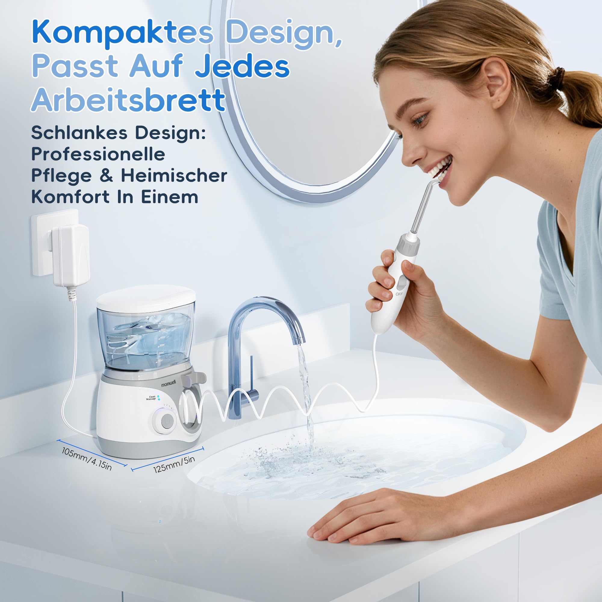 Mornwell Idropulsore Dentale Professionale Elettrico con 10 Livelli di Pressione, 6 Ugelli, 2 Modalità & Serbatoio 600ml, con Timer Integrato (Large A)