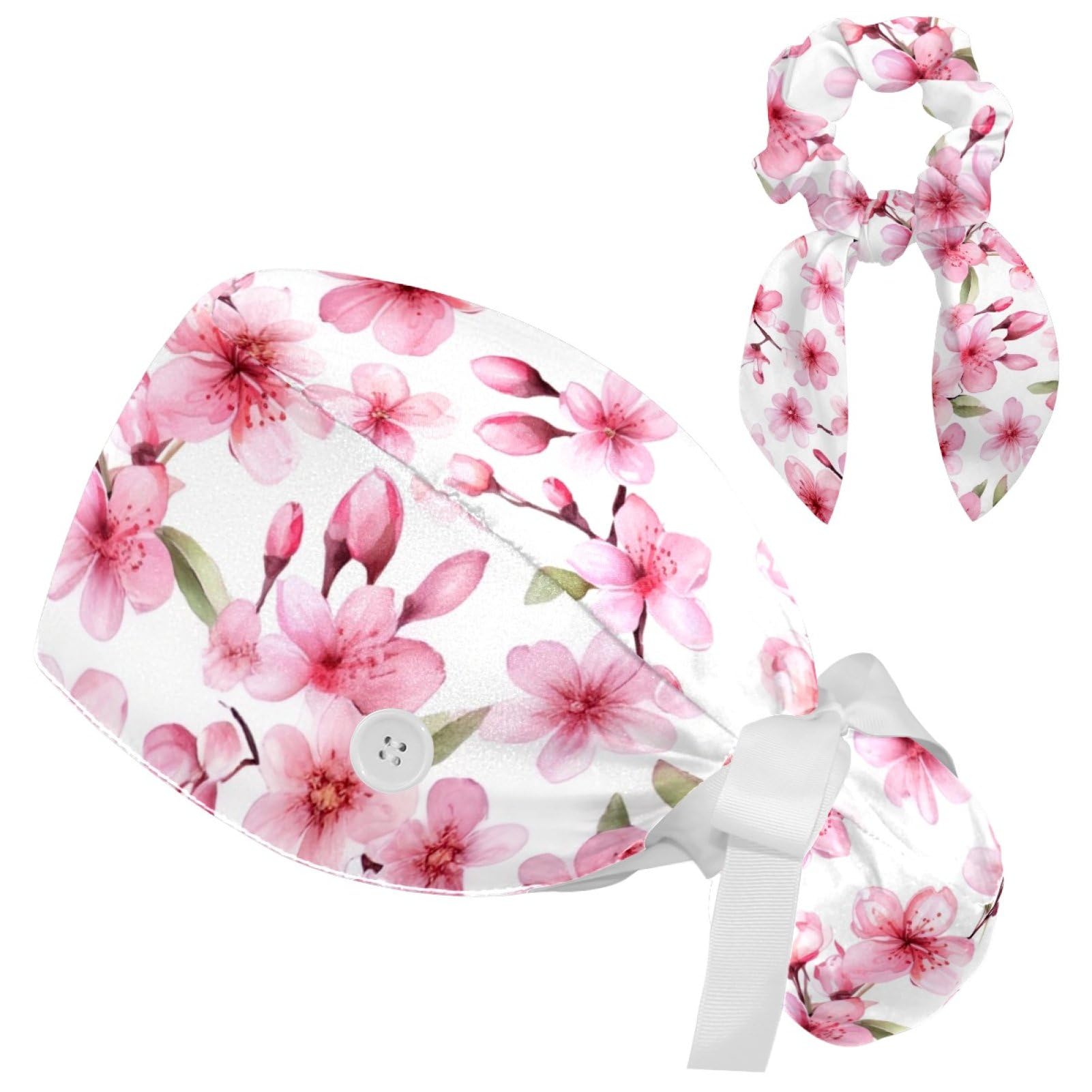 Scrub Caps Women with Button,Adjustable Bouffant Surgical Caps with Ponytail Pouch,Flowers Pink Plant Floral Working Cap with Bow