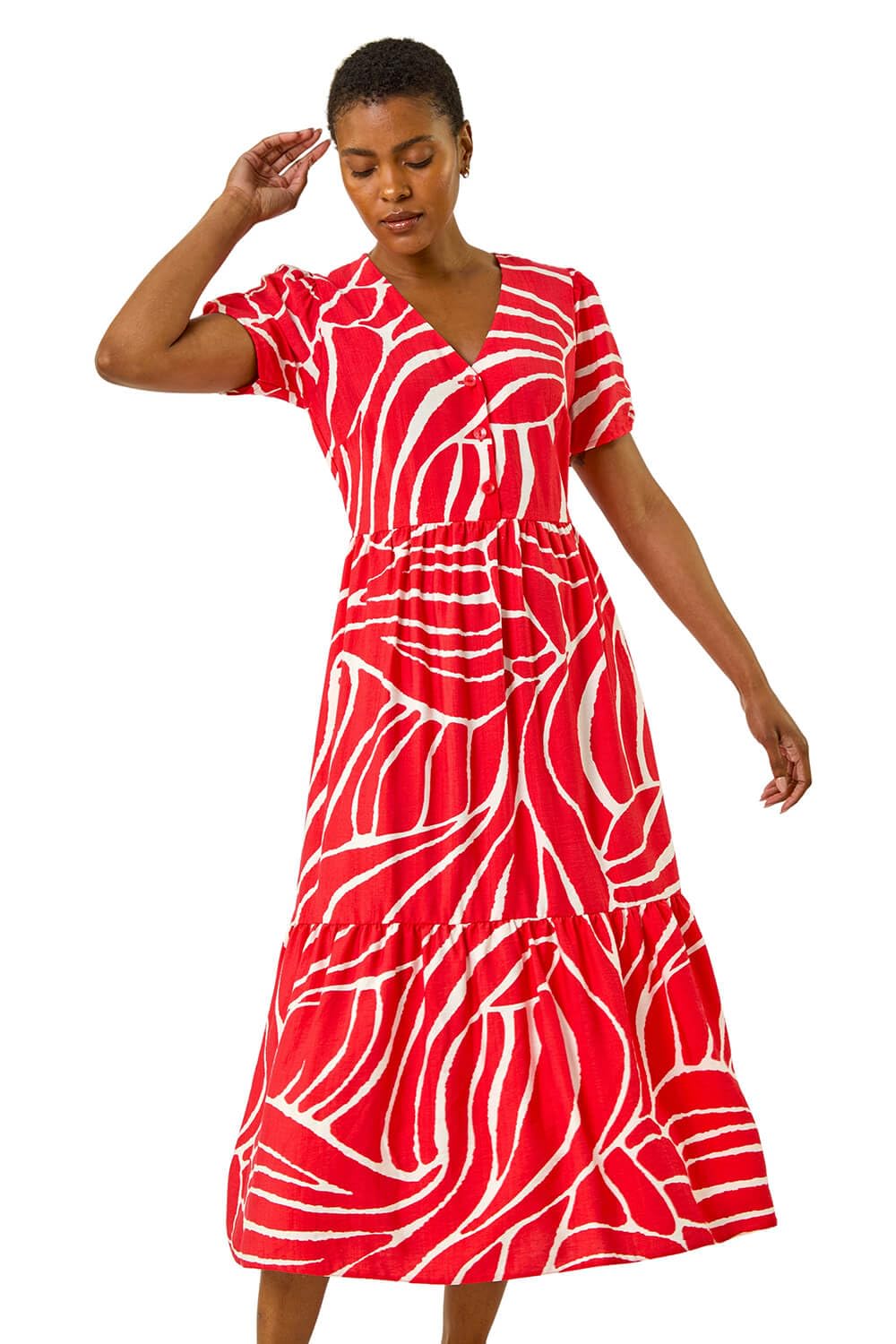 Roman Originals Women's Red Linear Border Shirt Dress For Uk - Everyday Holiday Spring Summer V-Neckline Comfy Soft Evening Vacation Work Party - Size 18