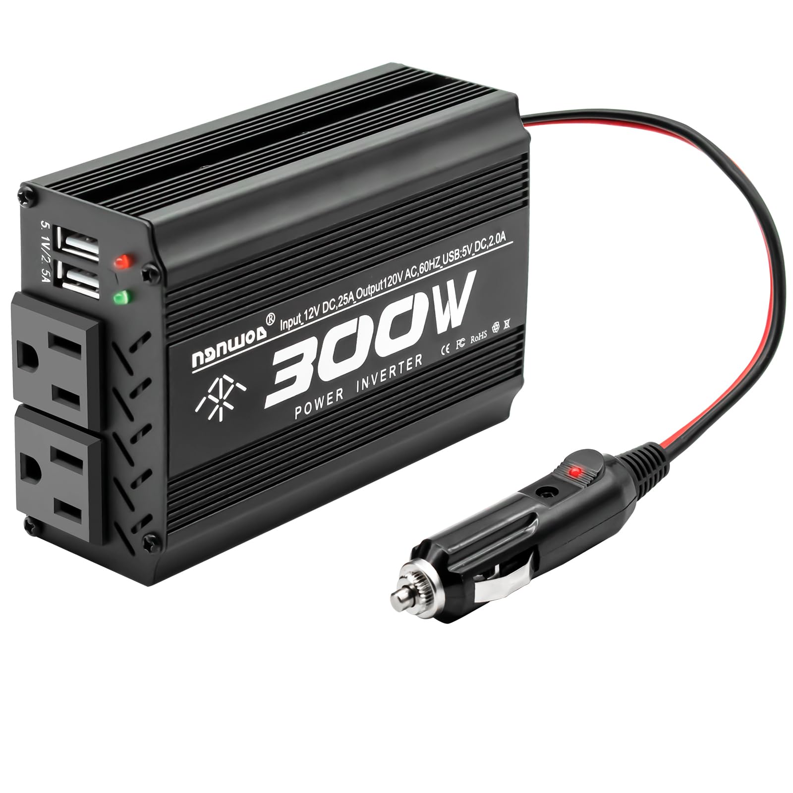 300W Wechselrichter Auto Wechselrichter Rate 300W Peak 600W DC 12V auf AC 110V Wechselrichter für DC auf AC Fahrzeuge, Schwarz (300W)