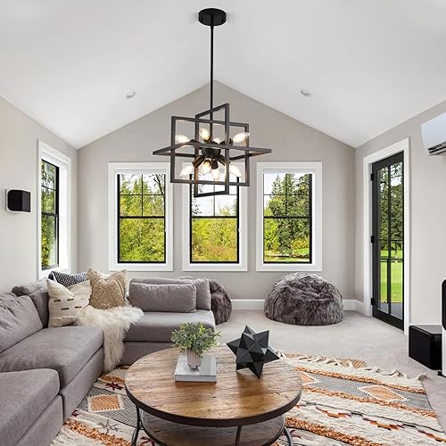 Miniatura 16 de Candelabro negro y dorado, lámpara colgante geométrica moderna de 8 luces, candelabros Sputnik colgantes industriales ajustables para comedor, Negro