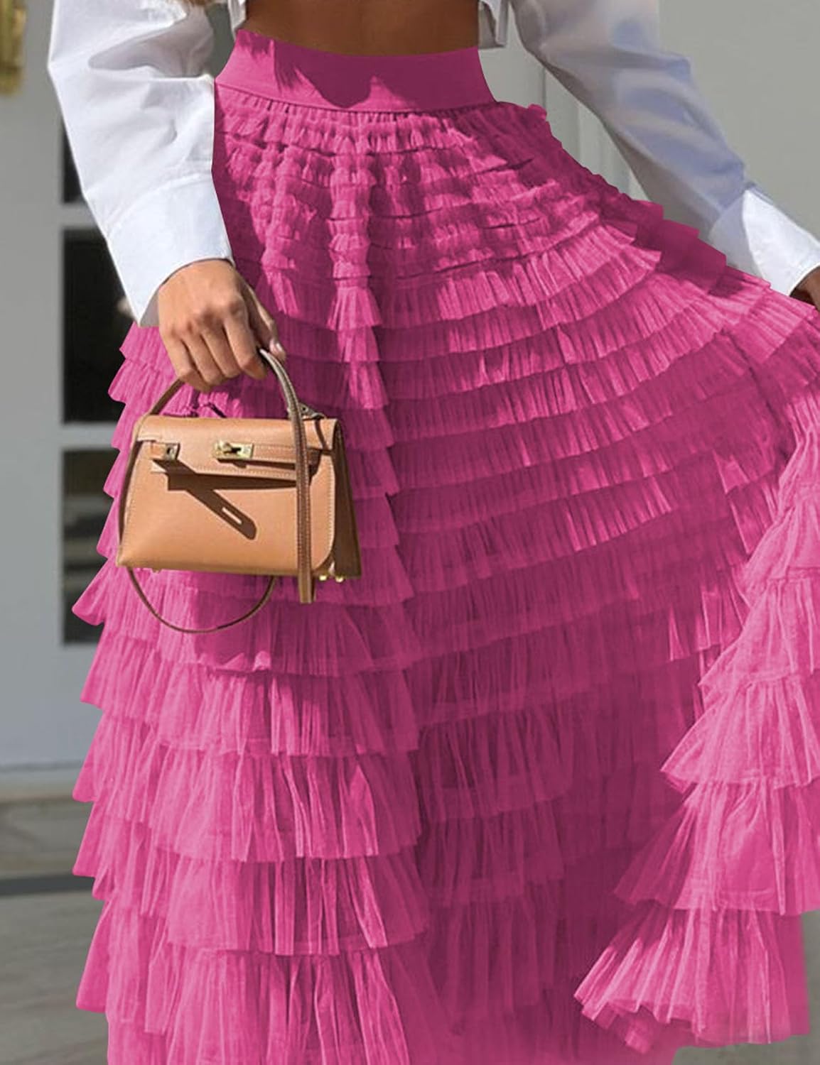 Flygo Women's Long Maxi Tulle Skirts A Line Ruffle High Waisted Tiered Layered Mesh Tutu Skirt Petticoat - Image 7