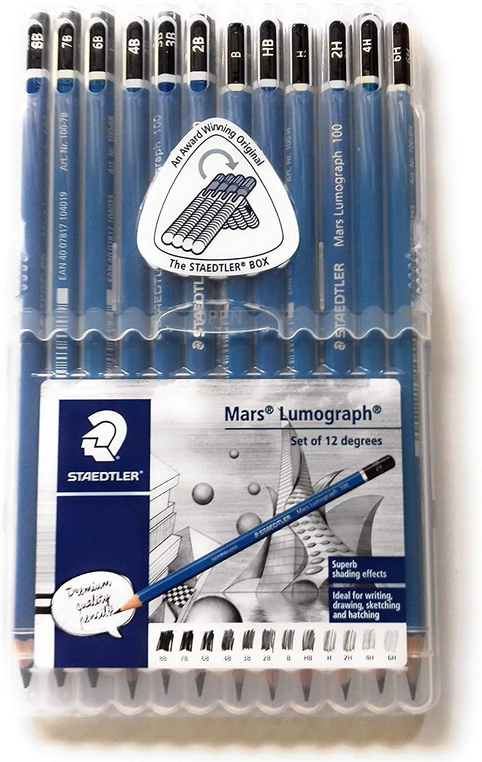 STAEDTLER Holzbleistift Mars Lumograph - Packung mit 12 Grad in einer praktischen Aufbewahrungsbox aus Kunststoff Wannenspitzer und Rasoplast Radiergummi
