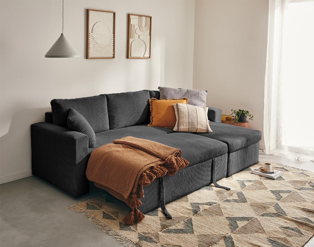 Bestmobilier Cyrus - canapé d'angle réversible 4 Places - Convertible avec Coffre - en Velours côtelé