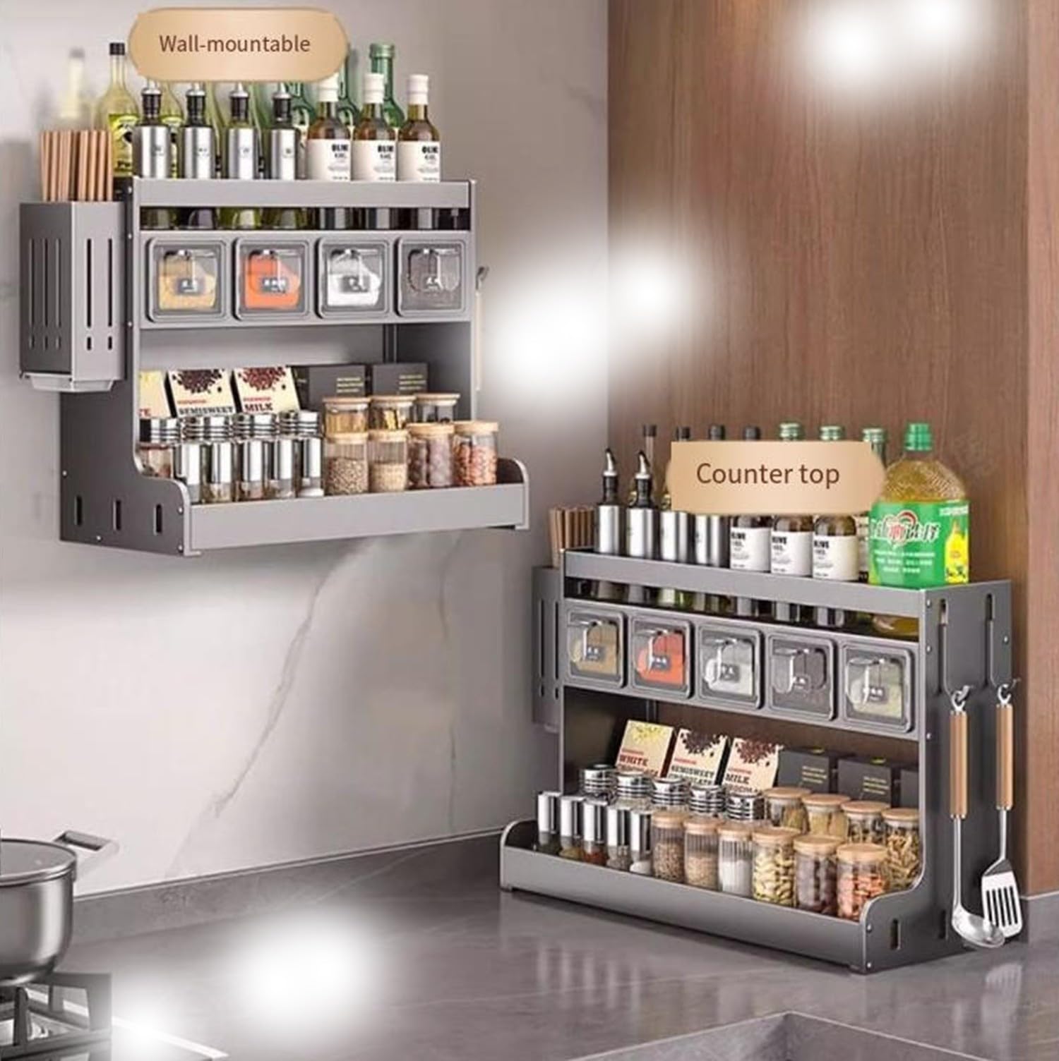 Estante de especias con tarros, estante de almacenamiento de especias montado en la pared con 4 recipientes, gabinete de especias para condimentos para encimera y gabinete