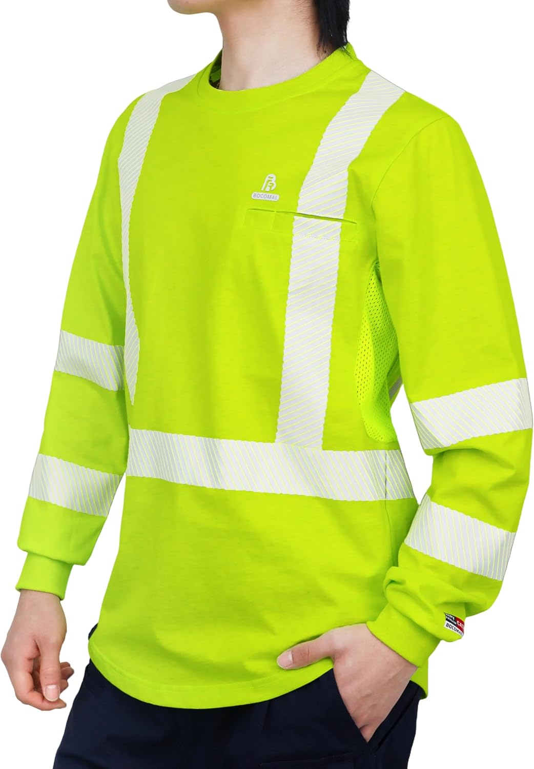 BOCOMAL Reflective FR Shirts High Visibility Summer Vented Mesh Long Sleeve Crewneck Lightweight Flame Resistant Workwear