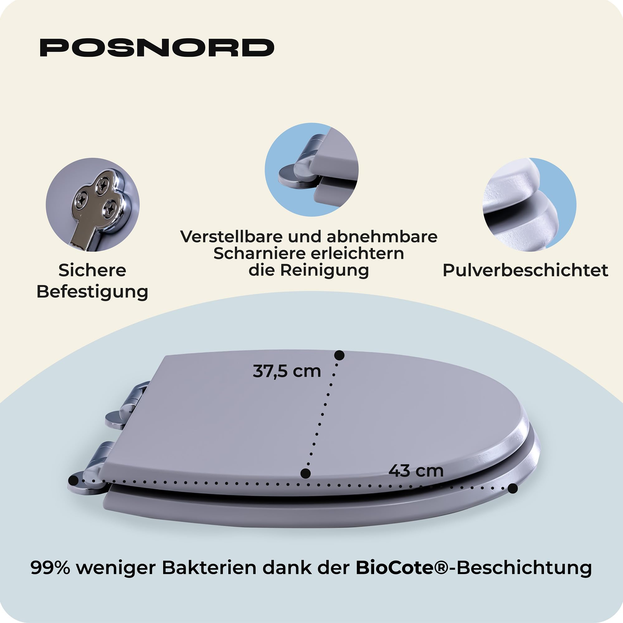 Toilettendeckel mit Absenkautomatik | WC Sitz Oval aus Holz MDF | Antibakterielle BioCote Beschichtung | Abnehmbar (Quick Release) | Standardmaß | Top-/Bottom-Fix Montage | Klodeckel Hellgrau