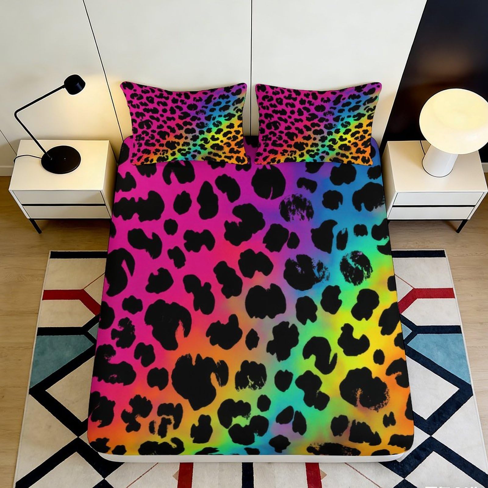 3D Printed Rainbow Leopard Fitted Sheet Microfiber Soft Durable Multicolor Bed Cover for Bedroom Dormitory Guest Room Mattress Protection 120x200x25cm