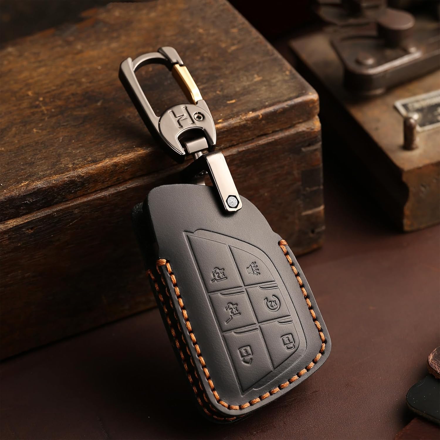 OLLEN Genuine Leather Key Fob Cover 2021-2026, Fit for GMC Yukon Denali Sierra Chevy Silverado Suburban Tahoe Buick etc, Leather Smart Remote Key Protector, 6 Buttons, Blue