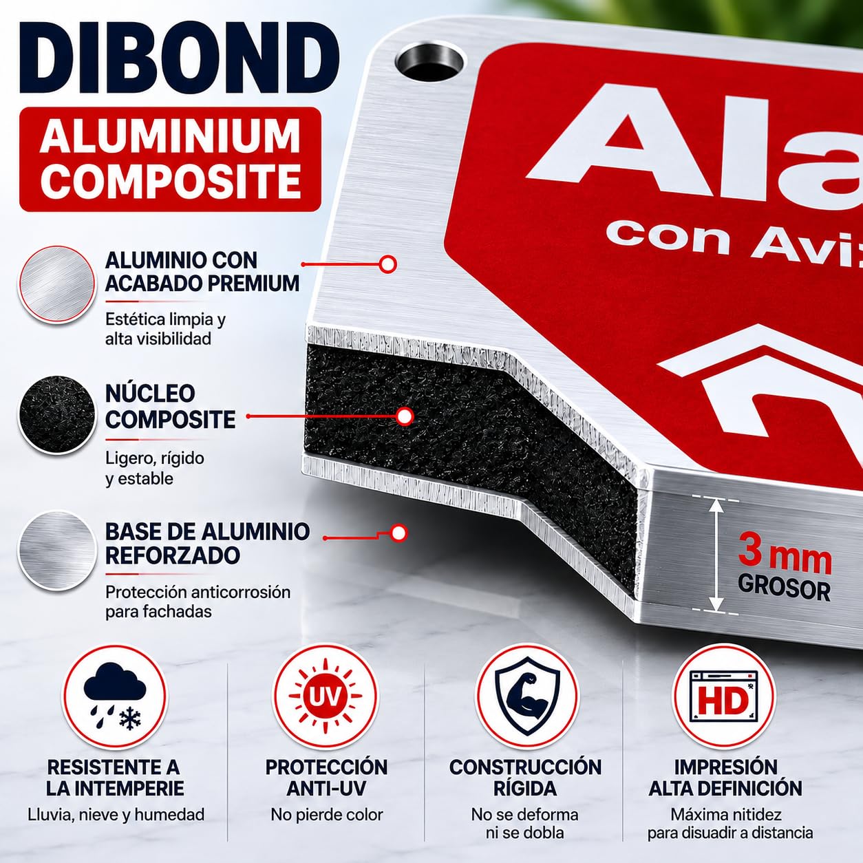 Lot de 2 panneaux d'alarme Dibond 20 x 30 cm + 4 autocollants d'alarme