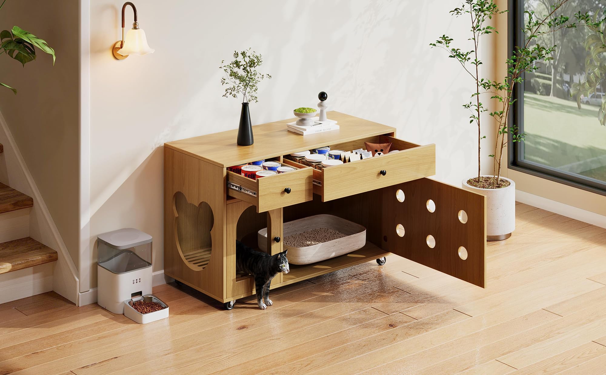 Katzenkloschrank (bewegliche Katzentoilette) – Katzenschrank/Katzenhaus mit abnehmbare Sandablassplatte, geruchsisoliert, ohne Katzenklo, 100×45×66 cm