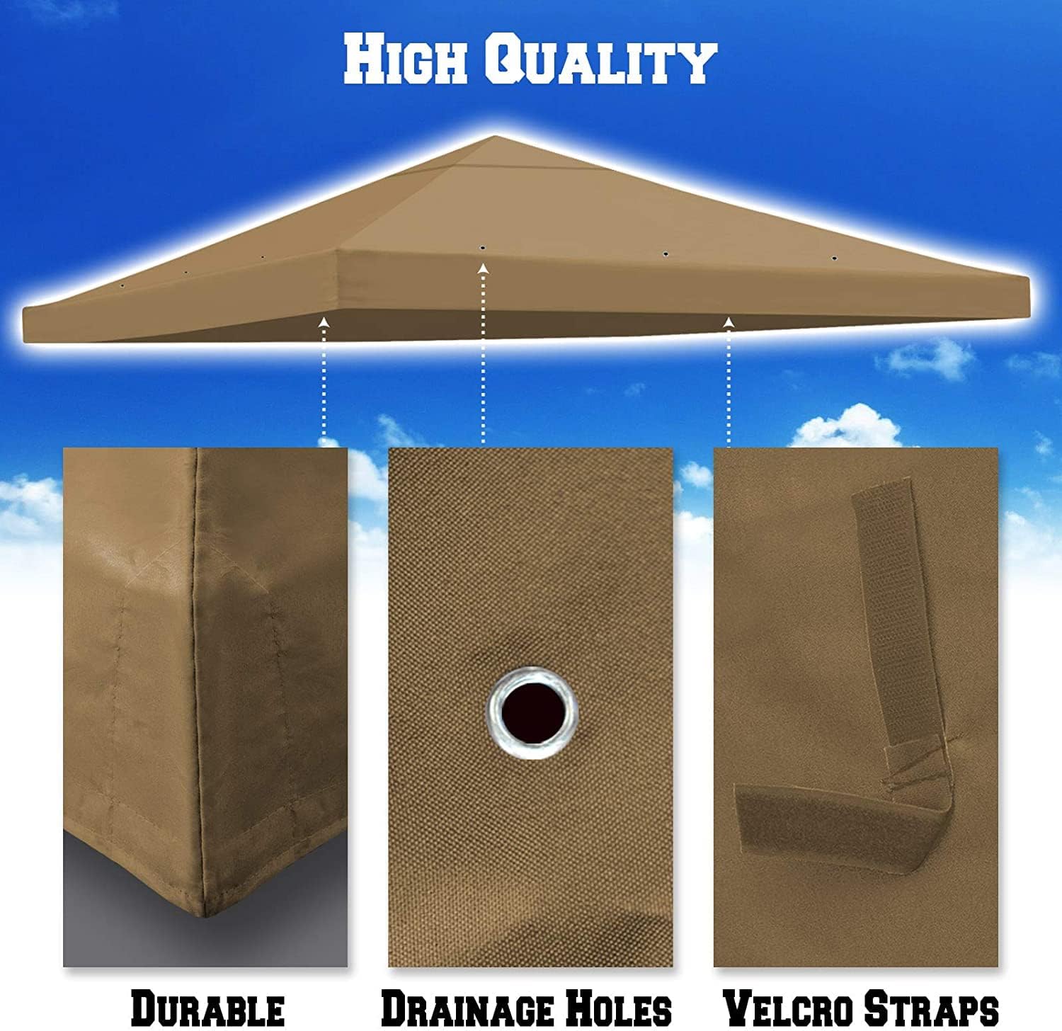 YardGrow 10x10 FT Gazebo Replacement Canopy Top Cover Single Tiered Patio Sunshade Upgraded UV Protection, Canopy Cover ONLY (Tan)