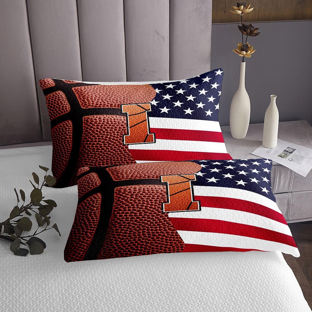 jejeloiu Basketball Initials I Bedspread 3 Pieces Queen Size American Flag Coverlet Set Soft Cozy Sports Ball Games Lightweight Quilted Coverlet for All Season with 2 Pillowcases Alphabet Letter