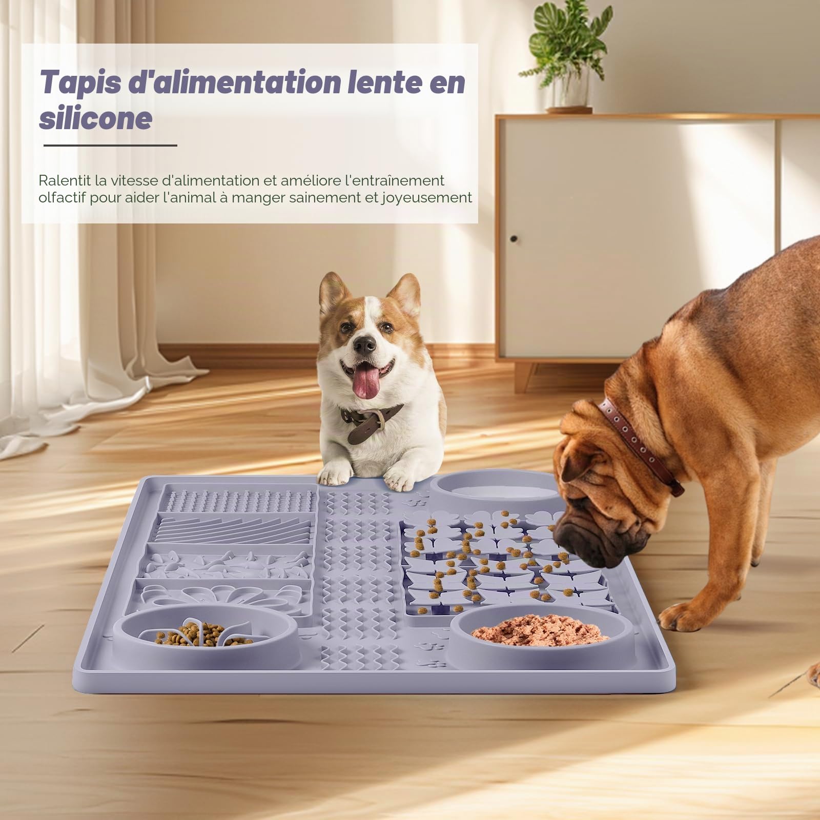 4 en 1 Tapis à lécher pour Chiens avec 43 ventouses, Grand Tapis à renifler et Distributeur Lent de 81x50CM, entraîner l'odorat, Manger Lentement et soulager l'anxiété (Gris)