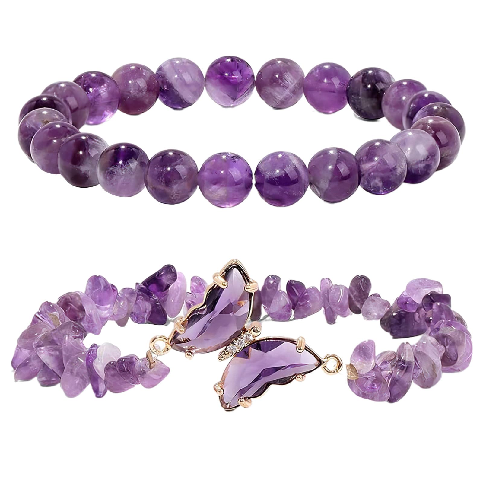 SakerrCrystal Bracelets Butterfly Bracelets, 2Pcs Natural Stone Layered Beaded Bracelets for Women, Healing Crystals Stone Bracelets Ladies Bracelets Crystal Jewellry Gifts Birthday Gifts for Girls