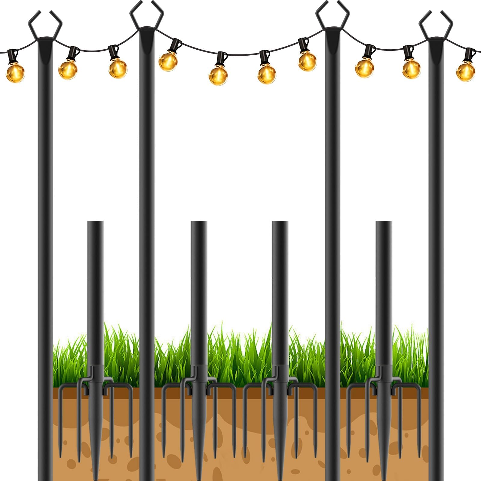 AILBTON 10Ft String Light Poles 4 Pack,Light Poles for Outside Lights,Outdoor with Fence Brackets Hanging Lights,Metal Stand Deck Patio Backyard