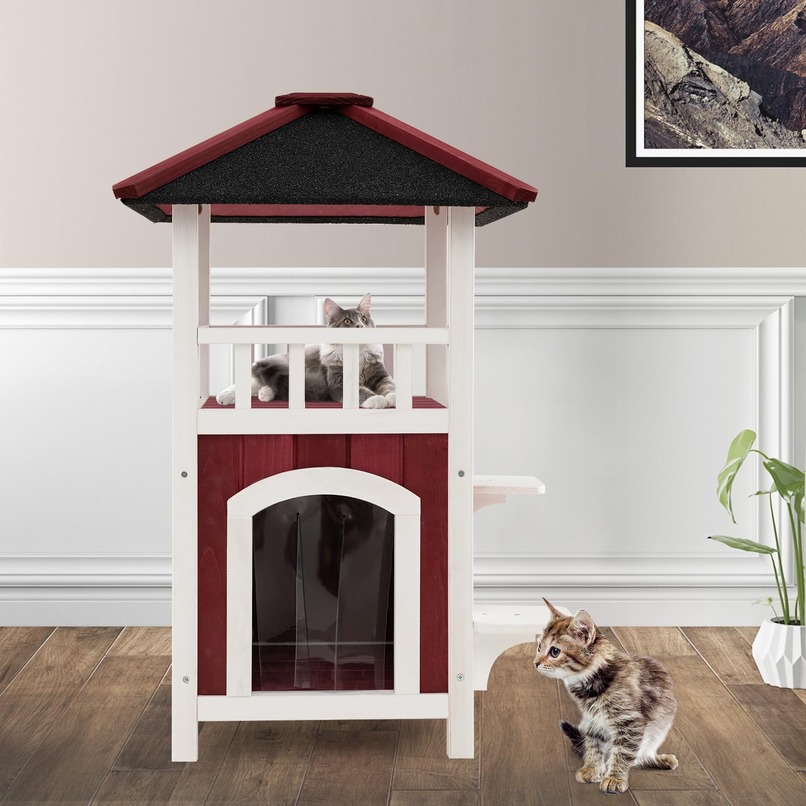 COSTWAY Cuccia per Gatti da Interno ed Esterno, Gasetta per Gatti in Legno a 2 Livelli con Tetto in Asfalto e 2 Piattaforme per Saltare, Casa per Gattini Impermeabile, 58 x 50 x 87 cm