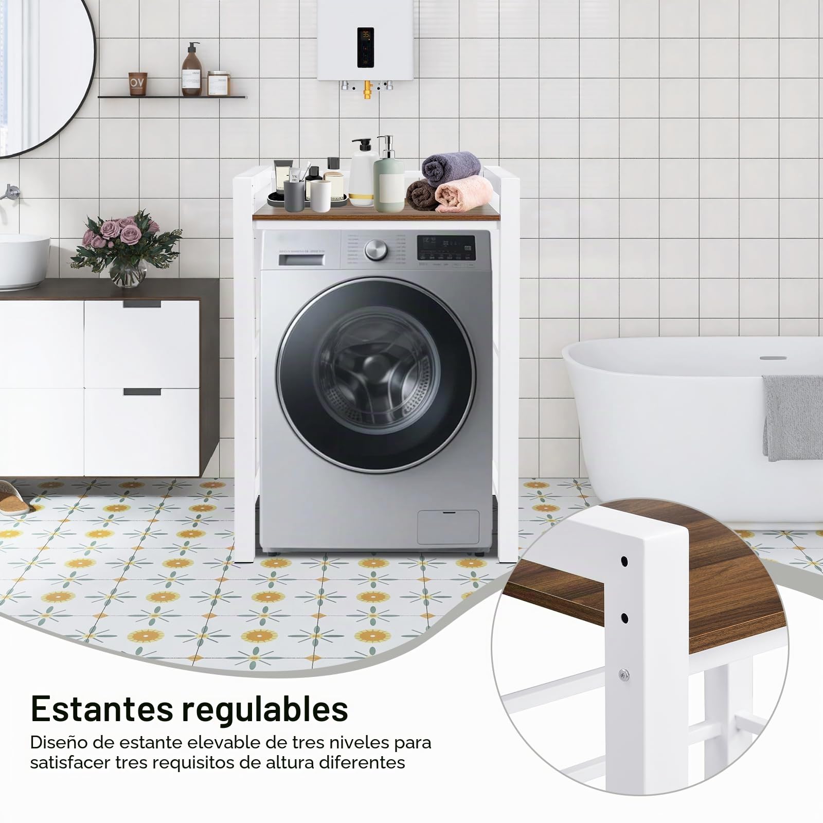 Mueble Lavadora Secadora, Estante De La Lavadora, Mueble para Lavadora y Secadora Ajustable en Altura de 3 Niveles, Soporte de Carga 350 Kg, para BañO, BalcóN, Lavandería. (Blanco)