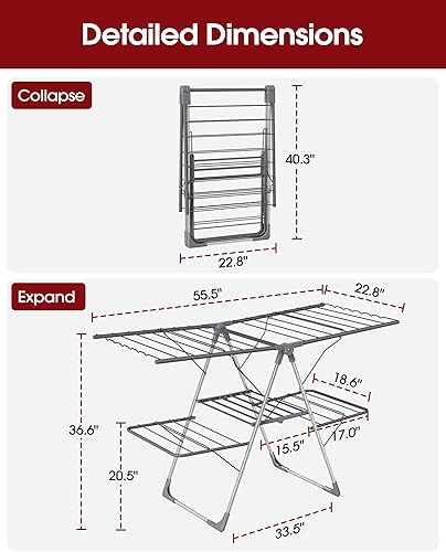 Miniatura 4 de Escurridor de ropa, plegable de 2 niveles con alas ajustables en altura, para ropa y ropa de cama, estante independiente que ahorra espacio,