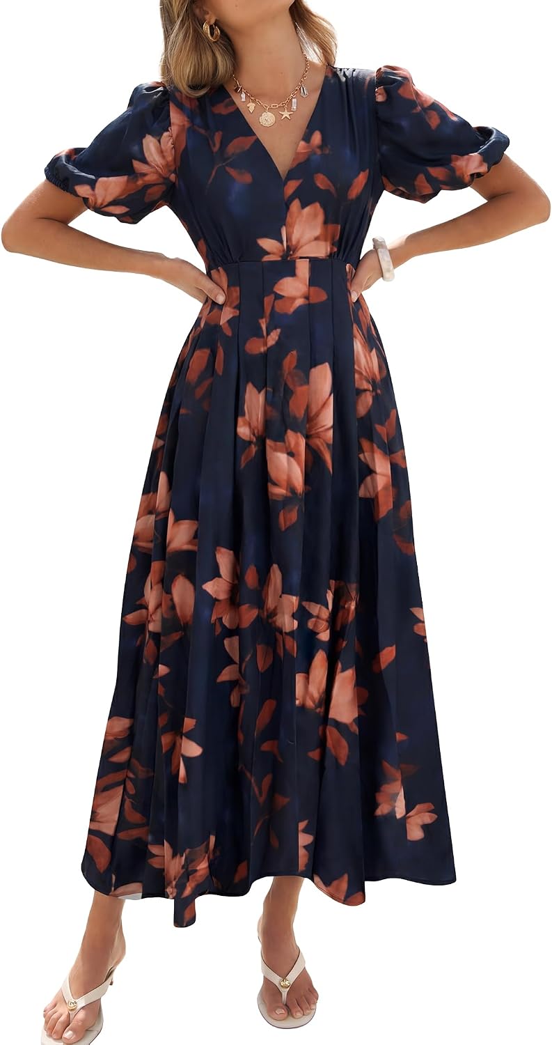 Caracilia Women’s Summer Floral Wedding Guest Maxi Dress | Puff Short Sleeve V Neck,Full Lined，Pleated A-Line Flowy，Casual Boho Garden Tea Party，Bridal Shower Church，Spring Outfits