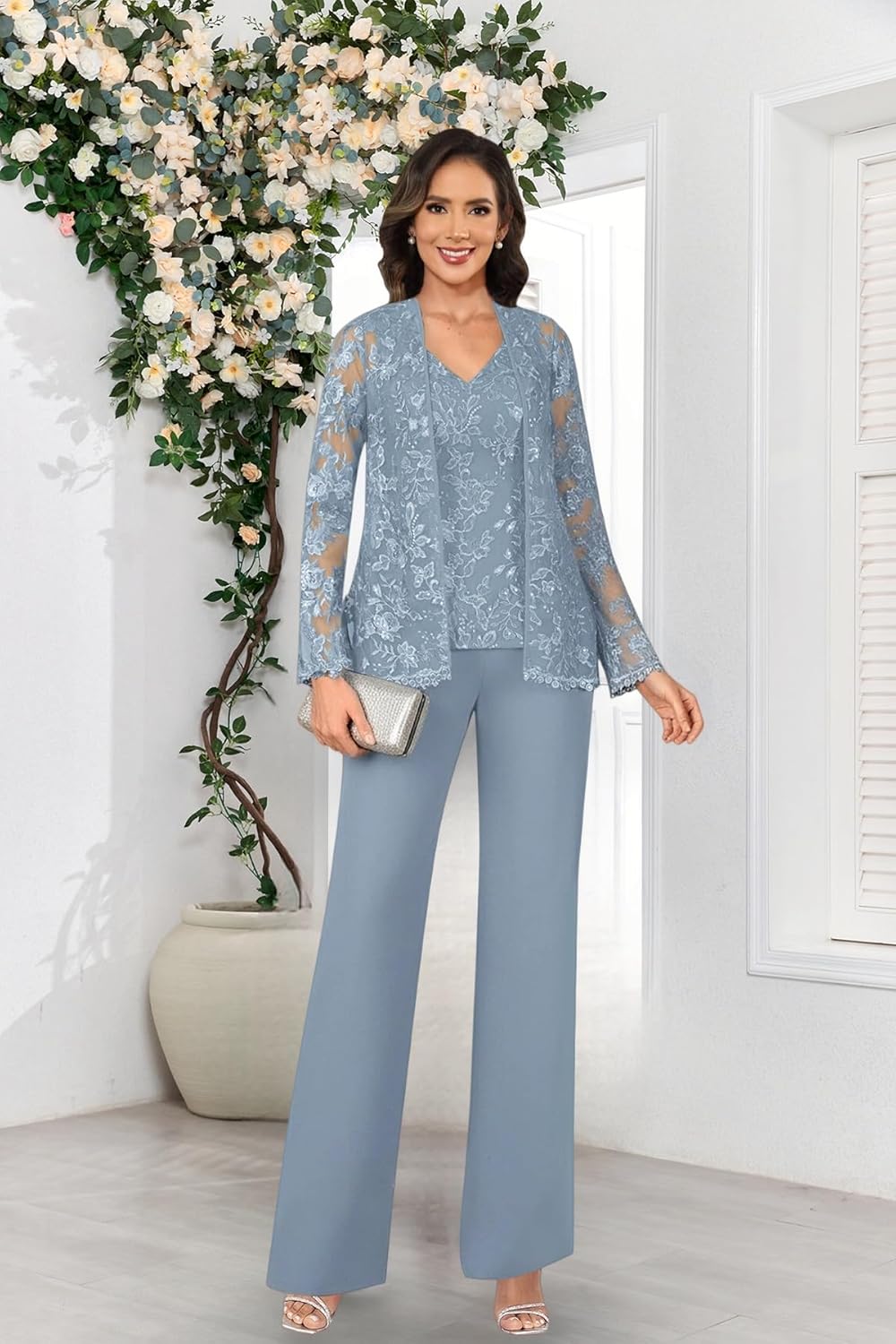 3 Pieces Chiffon Lace Mother of The Bride Pant Suits with Jacket Sequins Wedding Guest Pants Outfit for Women