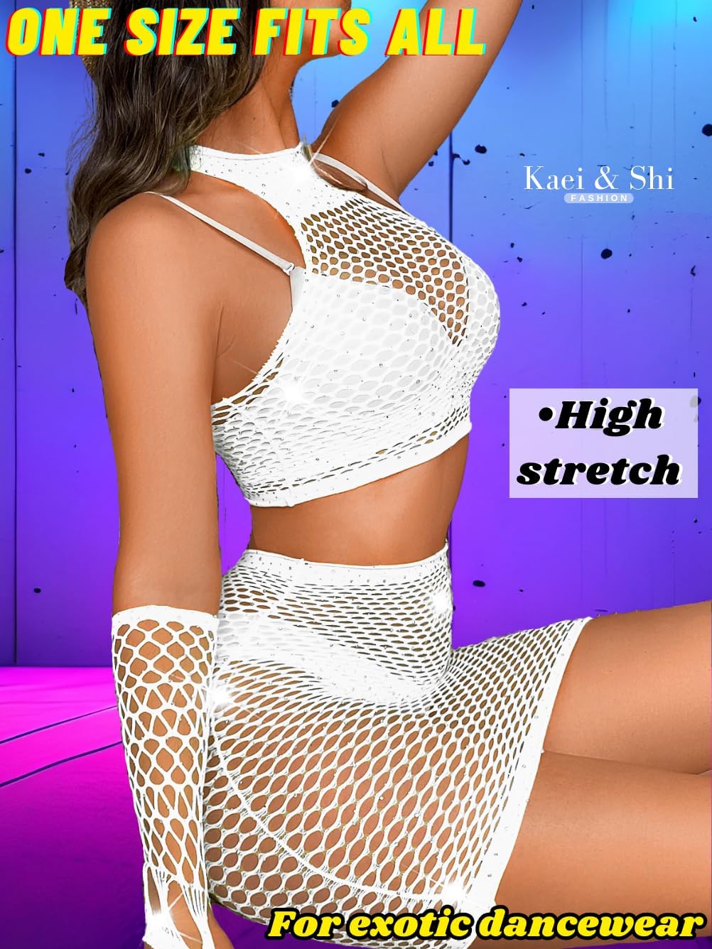 Kaei&Shi Rave Outfits for Women Festival,Glitter Rhinestone Fishnet Skirt Set,Sexy Mesh Swimsuit Cover Up Pool Party Outfit - Image 3