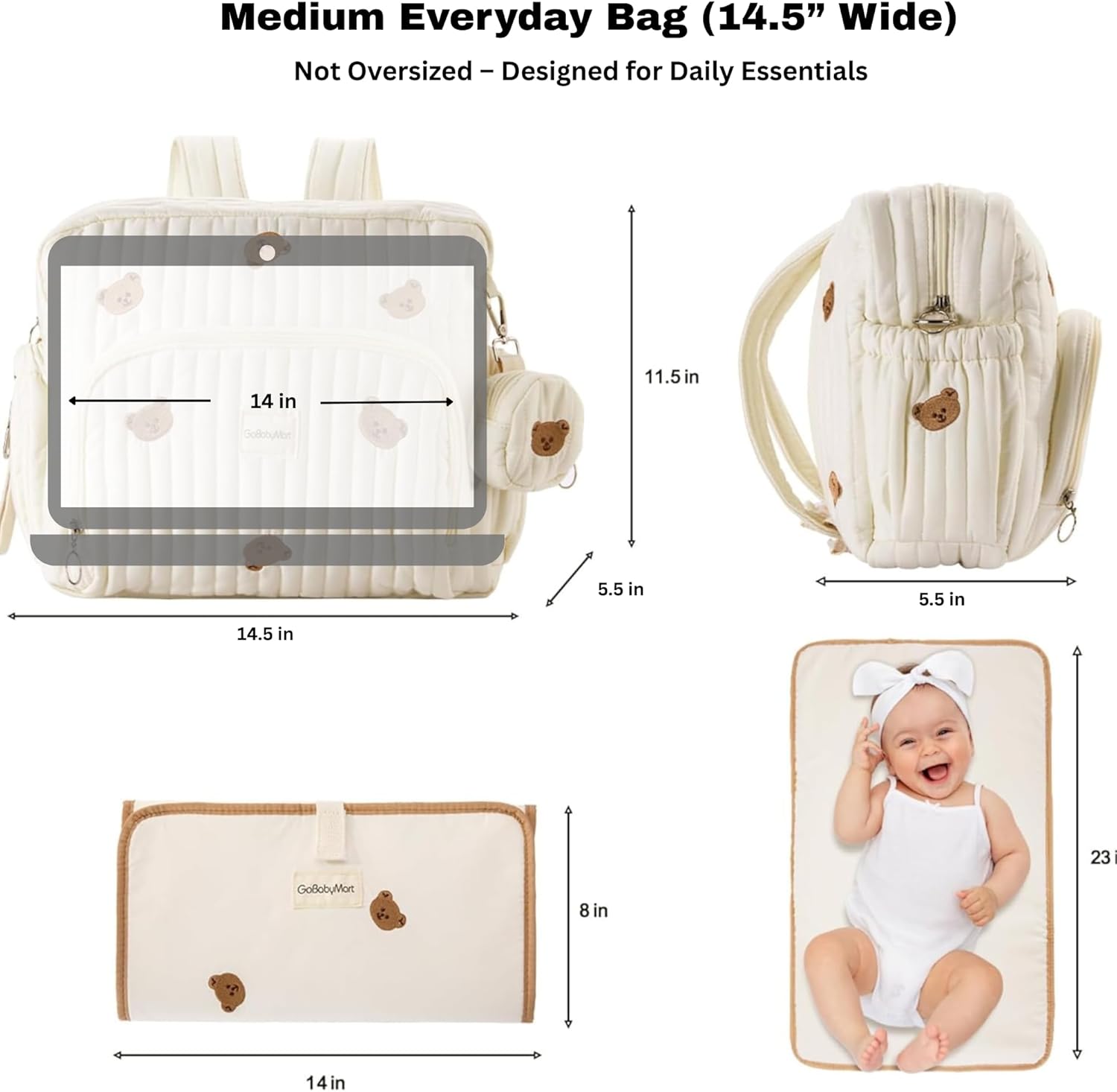 Diaper Bag Backpack, Medium Maternity baby bag & Changing Pad, Insulated Pockets, Stroller Straps & Pacifier Case (Medium - Beige Bears) - Image 7