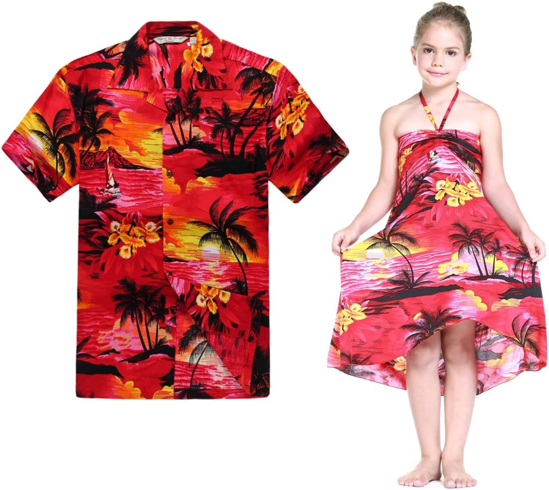 Matching Hawaiian Luau Outfit Men Shirt Girl Dress in Sunset Red