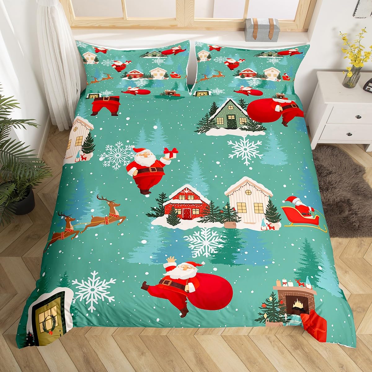 Santa Claus Duvet Cover Set Super King Size, Pine Trees Snowflake and House Print Bedding Set 3pcs for Kids Boys Room Decor, Christmas Theme Comforter Cover New Year Quilt Cover with 2 Pillowcases
