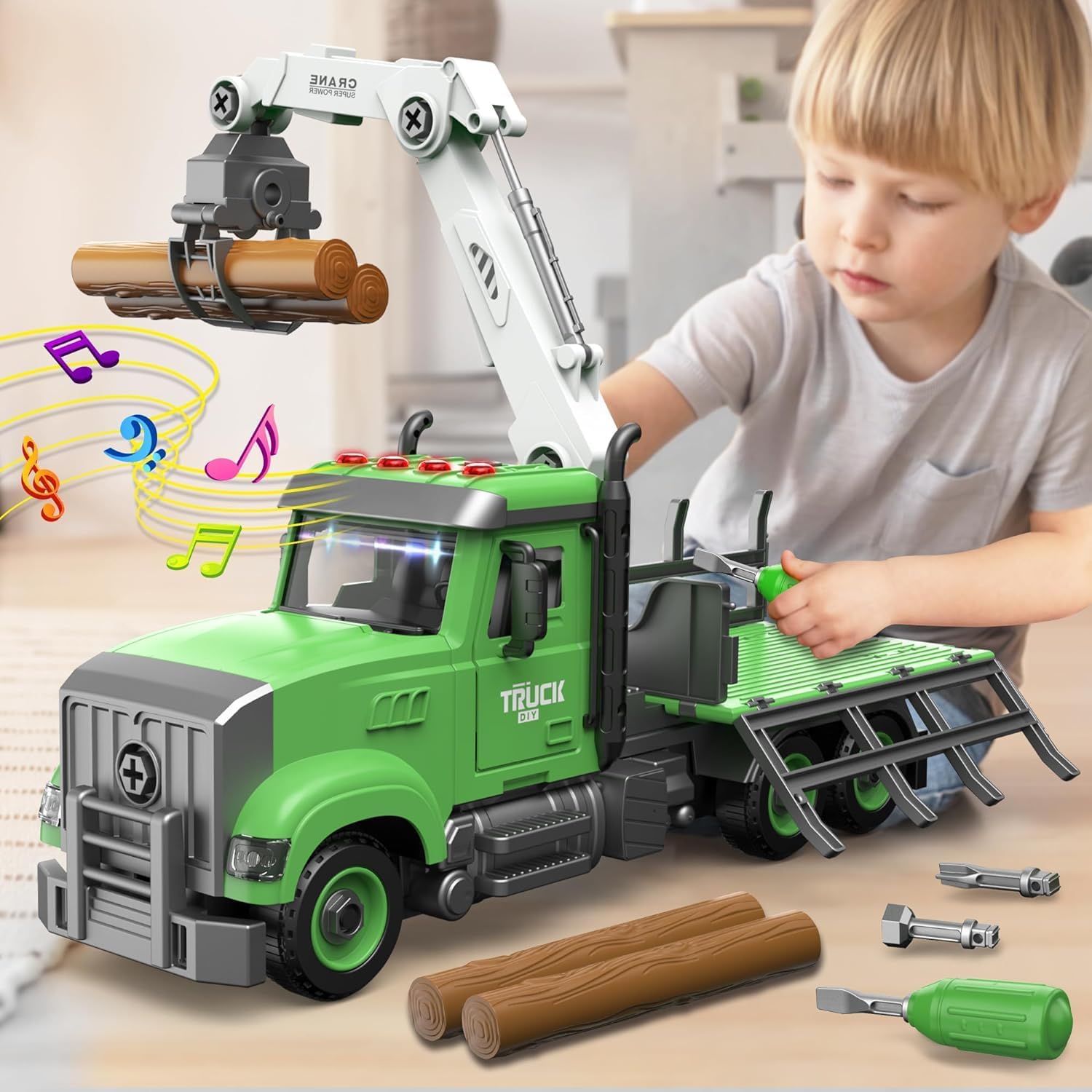 Tow Truck Toy,Crane Timber Truck Toys,Easy Assemble Toys with Lights and Sounds,Kids Toys for 3 4 5 6 7 Years Old Boys