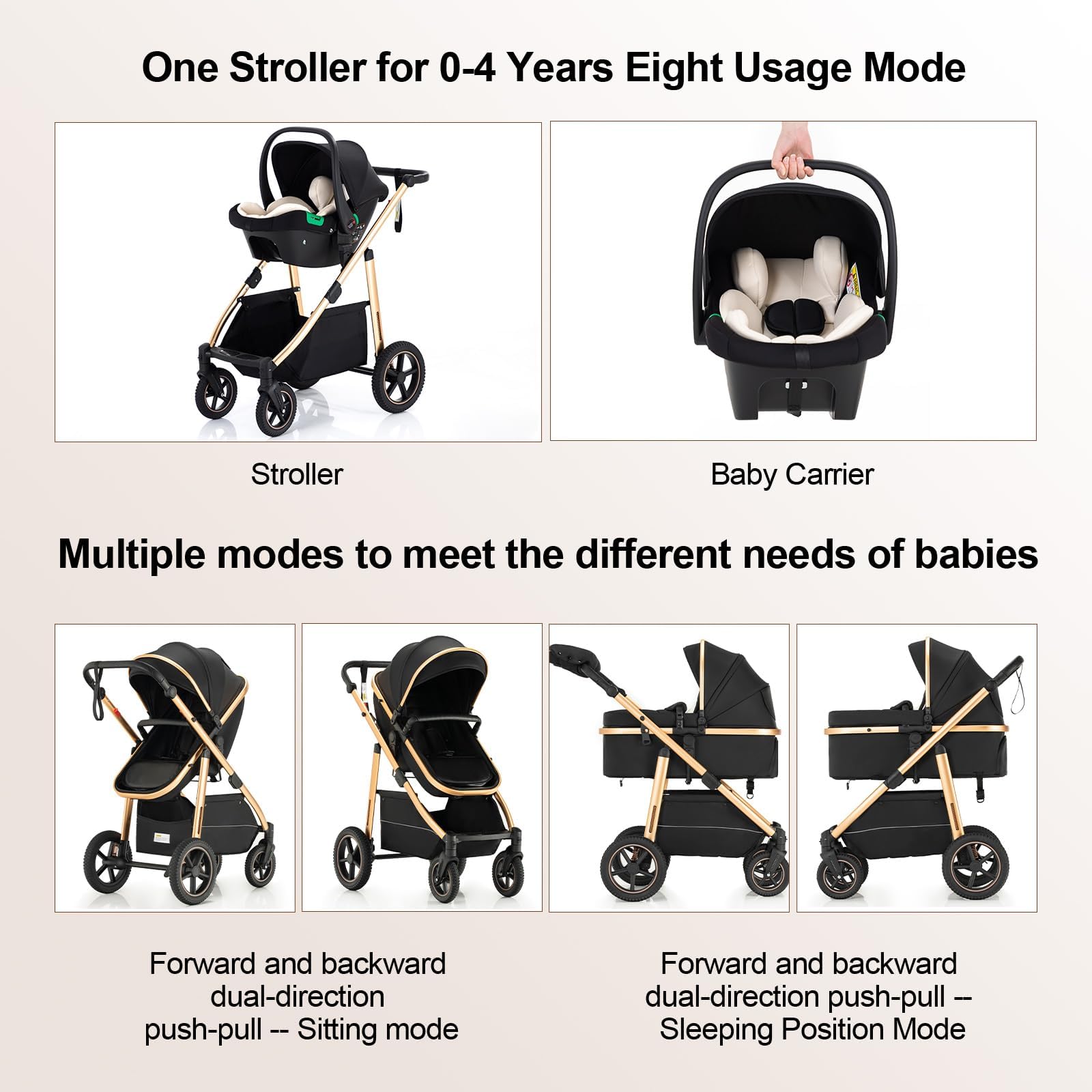Zkipm Kinderwagen 3 in 1 Baby Stroller Klappbar Kombi Kinderwagen Travel System Höhenverstellbar Schubstange für 0-4