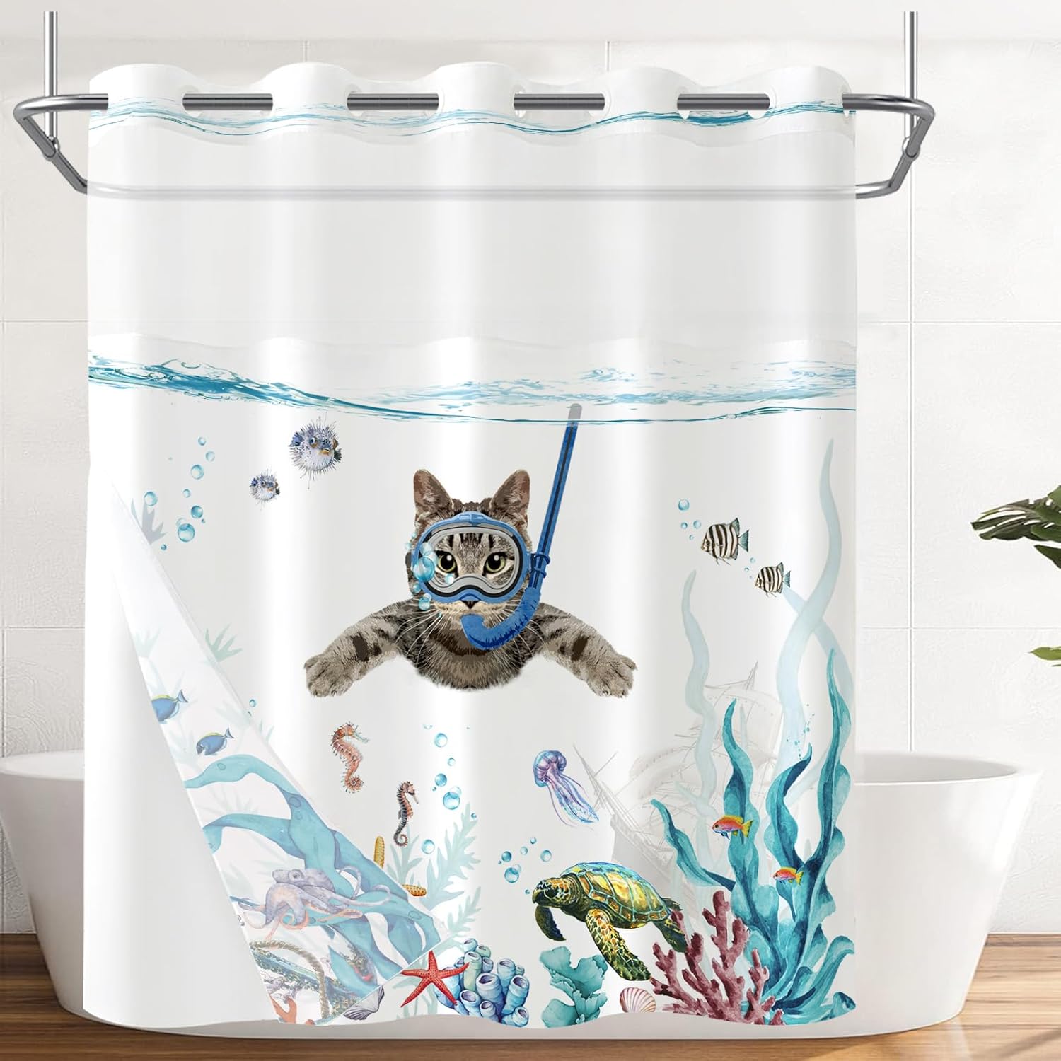 Fowocu No Hook Shower Curtain with Snap in Liner Funny Cat Nautical Shower Curtains for Bathroom Teal Blue Sea Ocean Octopus Starfish Turtle Anchor Fish Waterproof Fabric Bath Curtain Decor 71×74In