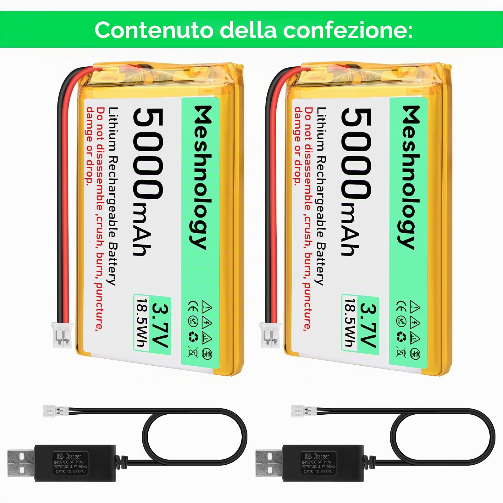 2 PZ 3.7V 5000mAh Li Batteria 105080 con PH 2.0 USB Cavo del Caricatore 1S LiPo Batteria con Bordo di Protezione Isolato Nastro di Gomma per Arduino ESP32 Scheda Modulo Drone RC Auto