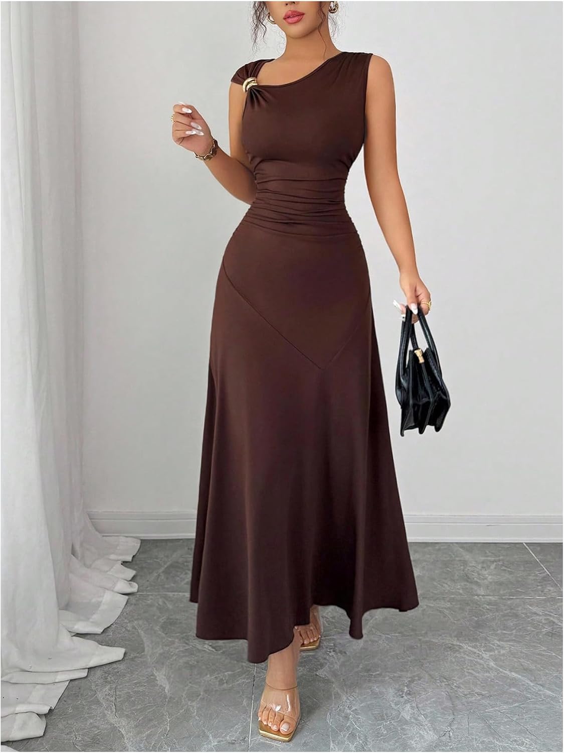 GORGLITTER Women's Asymmetrical Maxi Dress Formal Wedding Guest Dress Ruched Tank Slip Prom Cocktail Party Going Out Dresses - Image 4