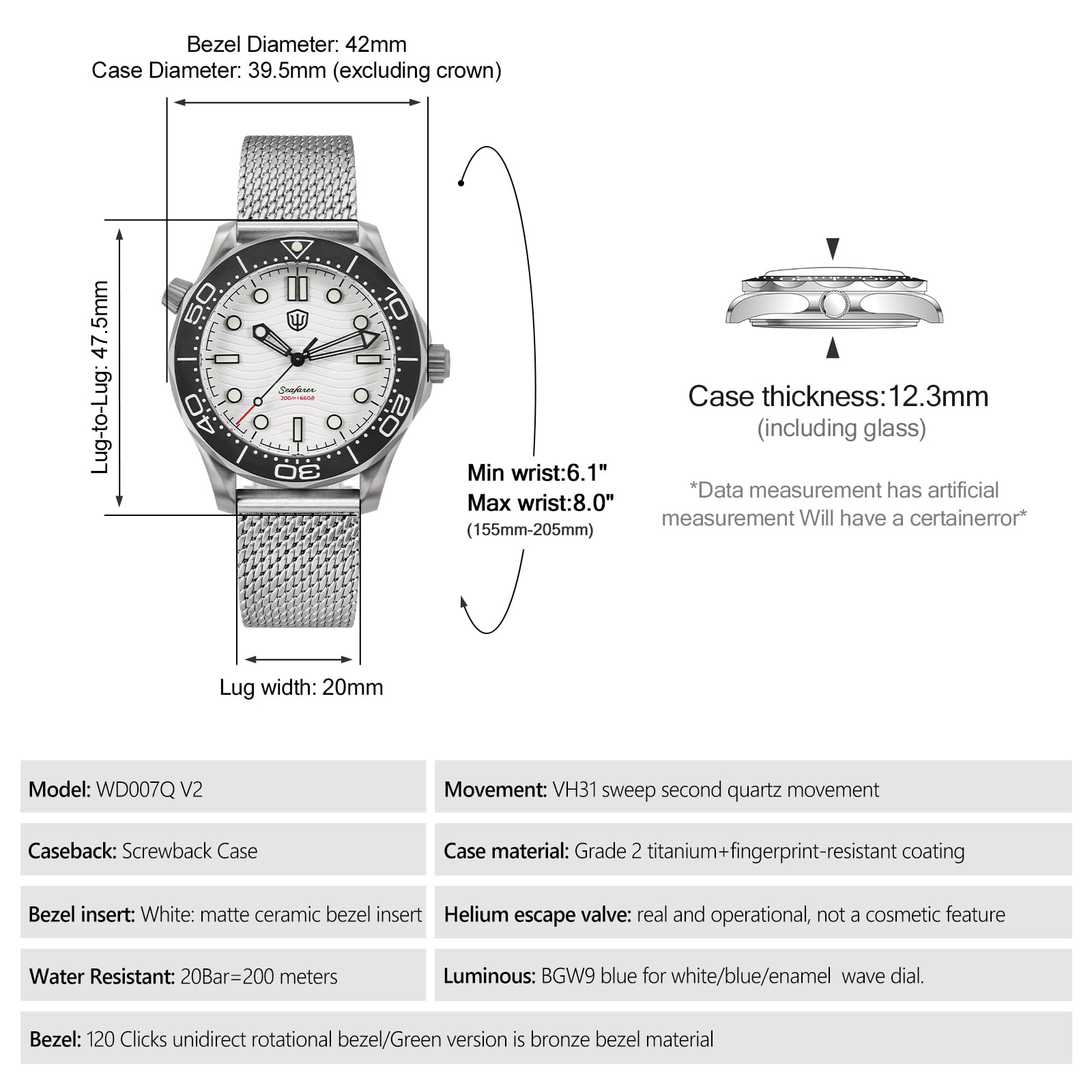 watchdives WD007Q V2 42 mm Titanium NTTD zegarek do nurkowania, Japonia VH31 Sweep Second zegarek kwarcowy, zakrzywione szkło szafirowe zegarek na rękę 200 m wodoszczelny zegarek