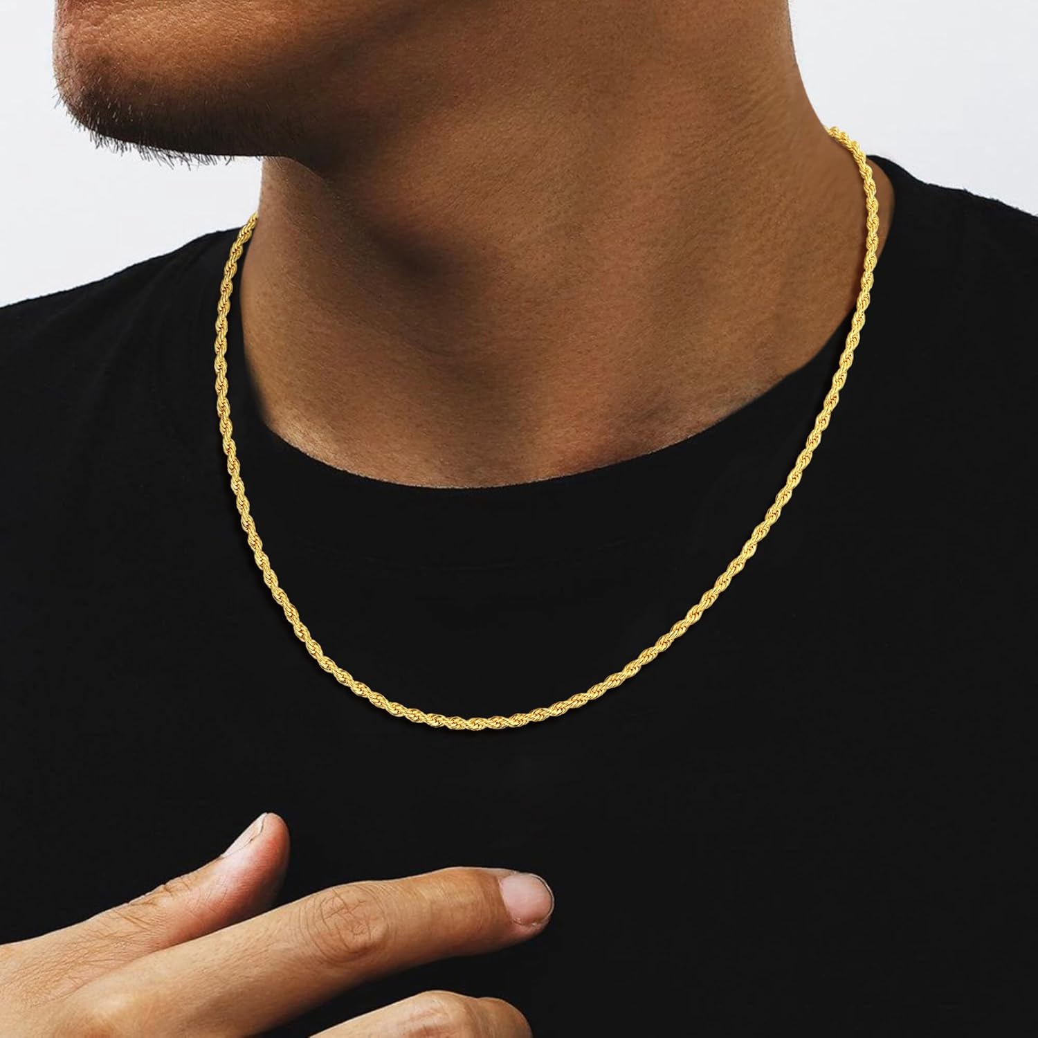 Rope Chain for Men, 18K Gold Over 925 Sterling Silver 3MM Rope Chain Diamond Cut Gold Chain Necklace Gifts for Boyfriend Father Husband - Image 3