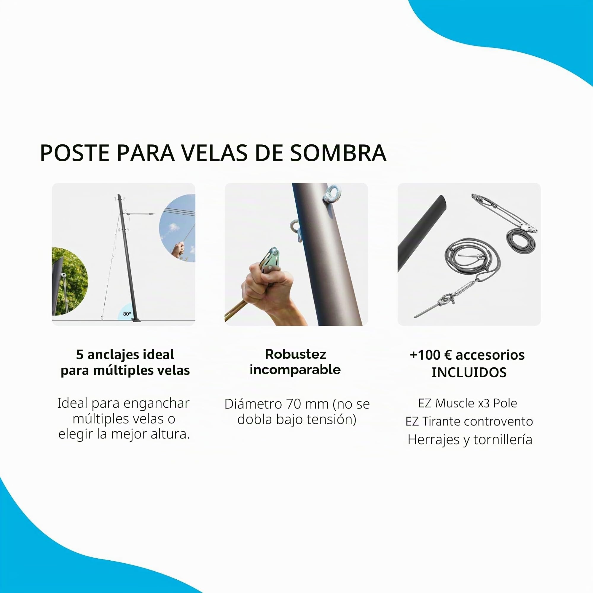 EZ Mast - Poste para vela de sombra 260 cm, 5 puntos de anclajes/ojales de acero galvanizado, sistema multivela, Ø70 mm - Incluye accesorios, zinc - Inclinación 80°