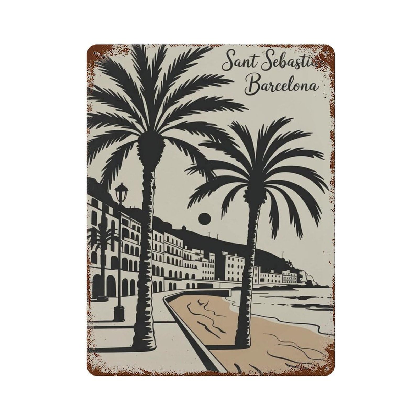 xiaoxiaoshen Sant Sebastian Barcelona Travel Retro Coastal Mediterranean Beach Spain City Wor Wall Decor Art Metal Tin Poster Modern Home Decor Art Home Bar Shop Decorations Vintage Sign 40x30cm