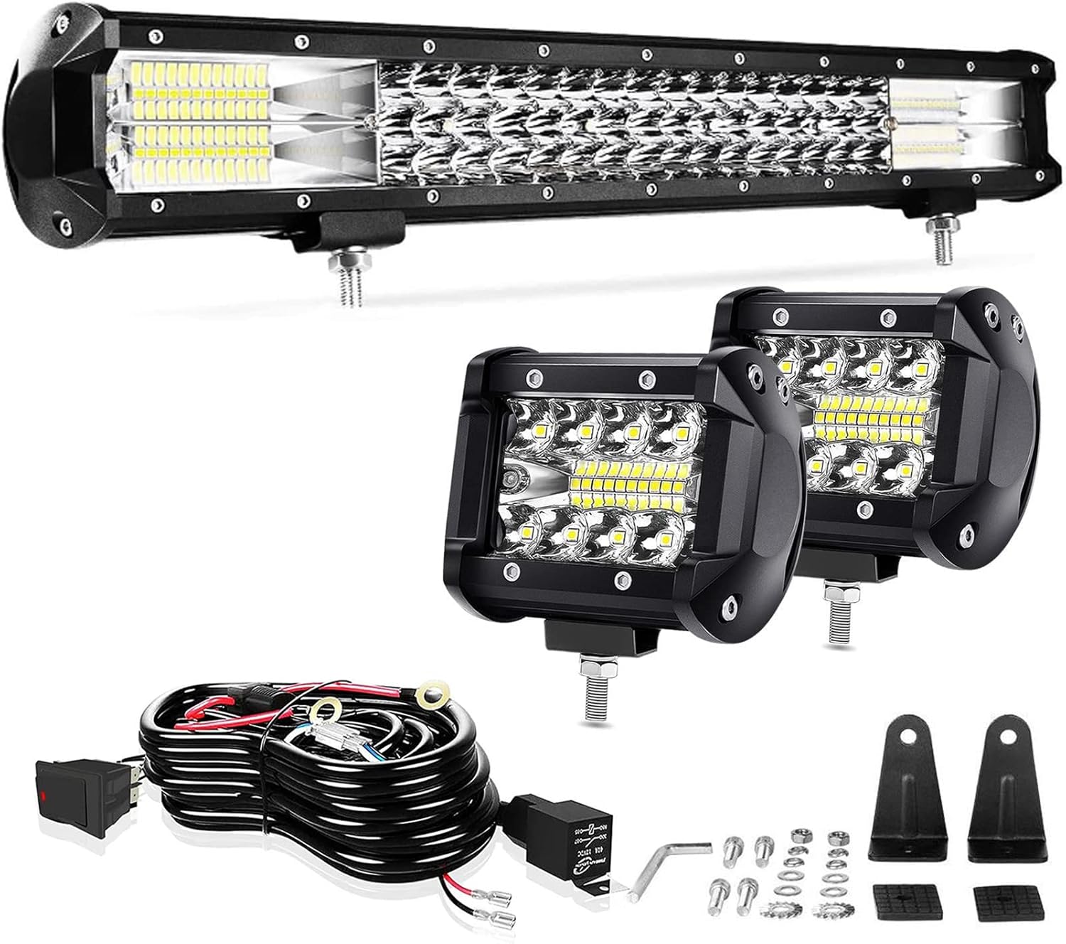 Led Light Bar TILTOP 288W 20 Inch Triple Row Spot Flood Combo Road Light Bar 2PCS 60W 4Inch Spot LED Pods with Wiring Harness Kit for Jeep ATV UTV Polaris Trucks Boats