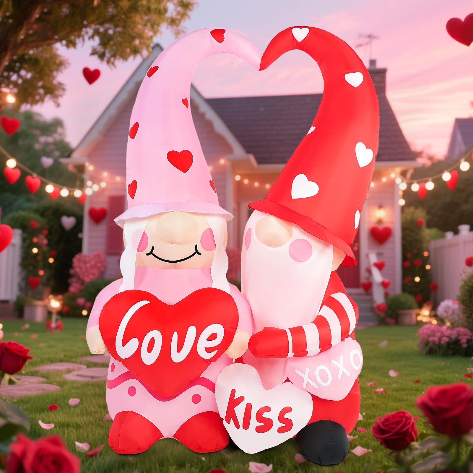 6FT Valentine’s Day Inflatable Outdoor Decorations Romantic Couple Gnomes with Heart “Love” & “Kiss” LED Lights Blow Up Lawn Ornament Wedding